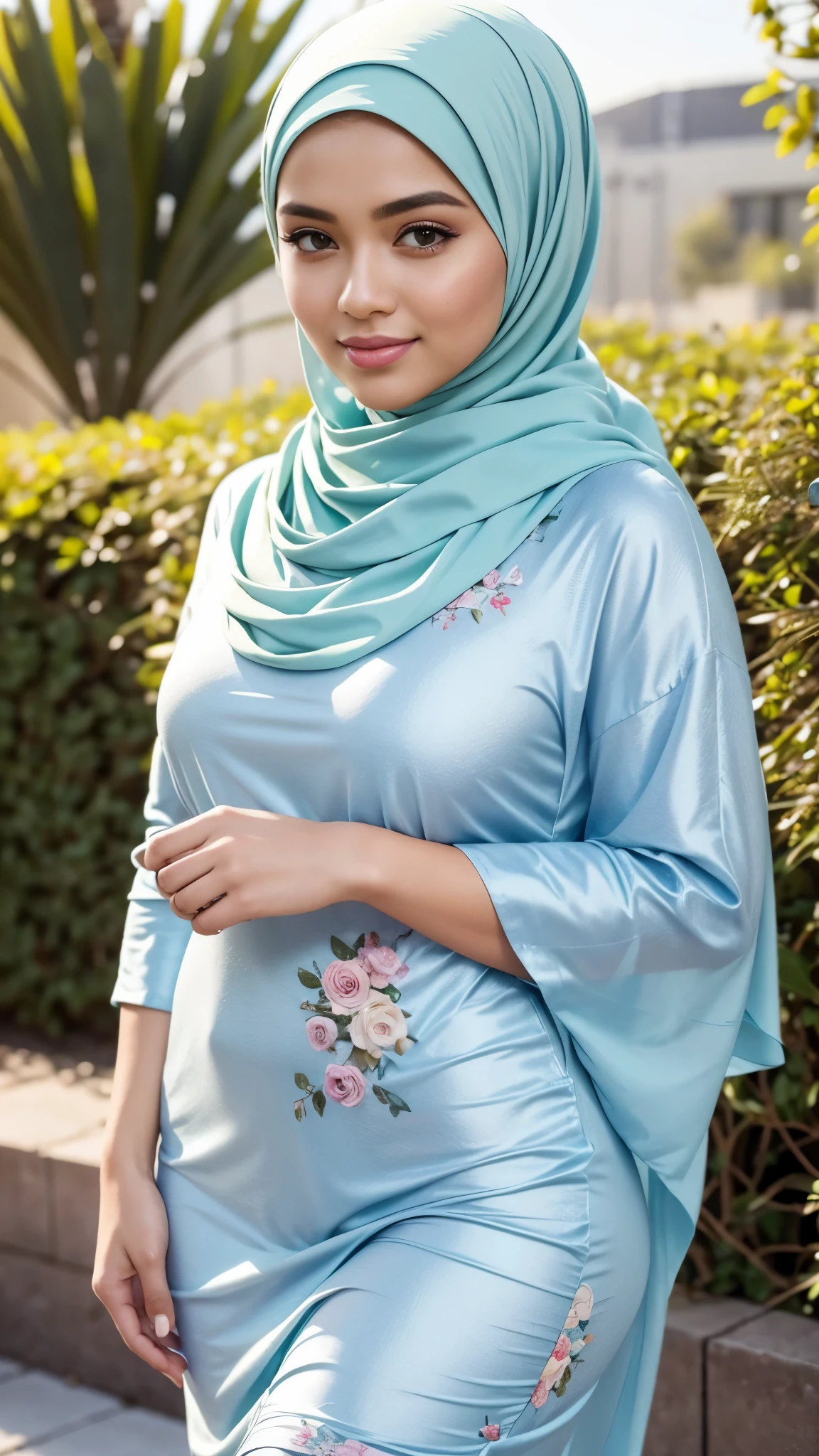 RAW, Best quality, high resolution, masterpiece: 1.3), beautiful Malay woman in hijab,Masterpiece, perfect  fit body, big breast, biggorgeous eyes, Soft smile,thick thighs,muslim close up of a woman wearing a blue floral dress and a tan scarf, hijab, lovely woman, white hijab, beautifull malay, very beautifull girl, shawl, lovely, wearing beautiful clothes, cute beautiful, feminine in cute pastel shades,  dress, beautiful female,Delicate turtleneck, shairband, afternoon walk, City garden, Excellent lighting, Bright colors, Clean lines