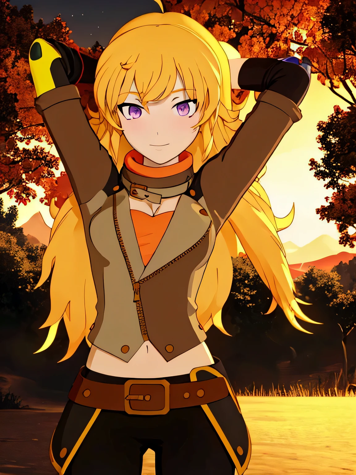 ((masterpiece,best quality)), 
Yang_RWBY,  1girl, solo, yellow hair, long hair, purple eyes, 
ahoge, mechanical arm, closed_mouth, night sky, forest, arms behind head, spread armpits, midriff, contrapposto, cowboy shot, smile, 
 belt, pants, jacket, fingerless gloves, 
solo,
cinematic composition, 