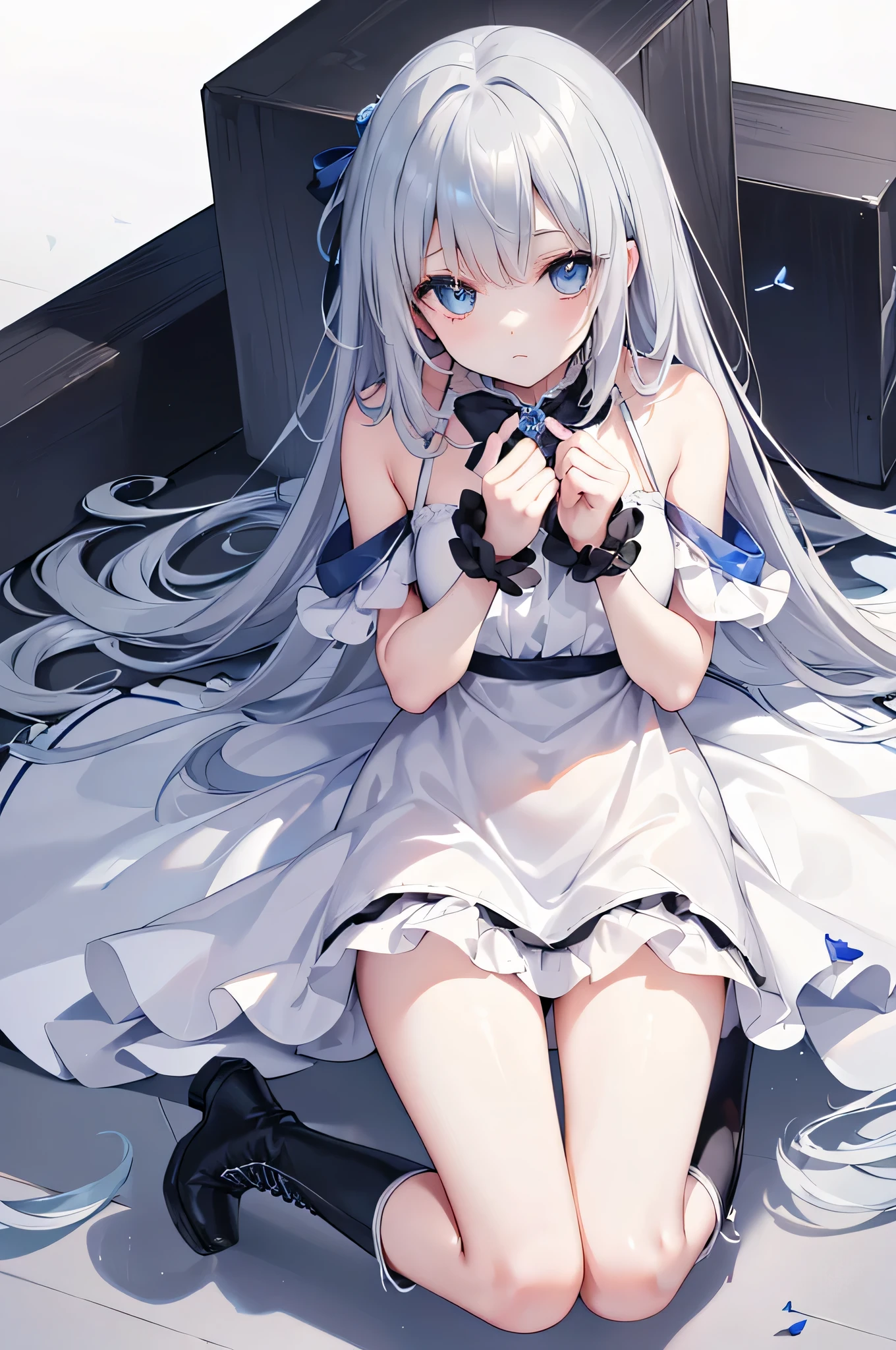 (debris flies, highest quality, ultra high resolution),1 girl,suit , beautiful and detailed face, fine eyes,((Gray and Blue theme)),((whole body)),perfect eyes、no background,white background,((wearing black boots)),((Cute fluffy white dress)),Isshiki、model、beautiful thin legs、slender body,スーパーmodel