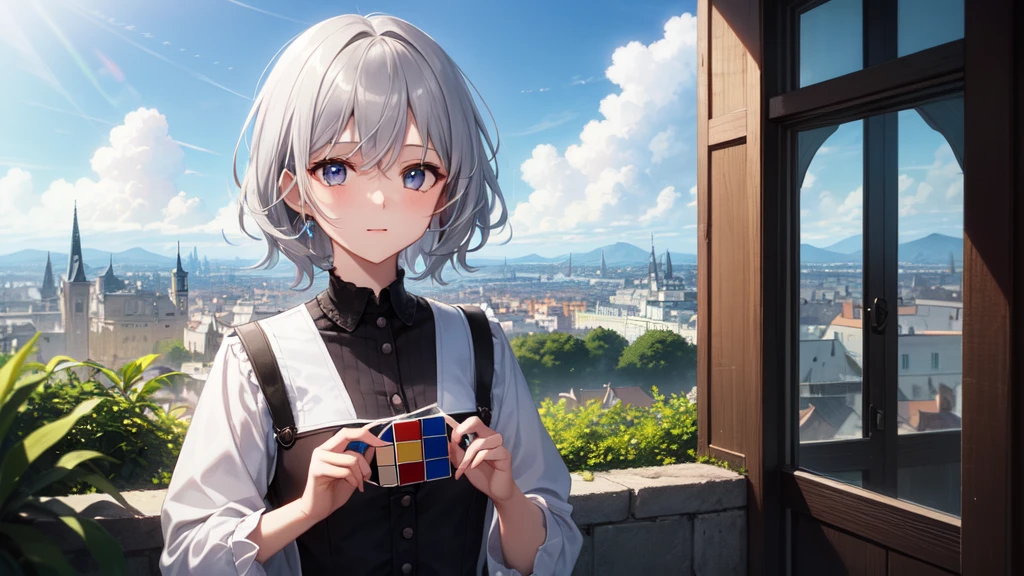 super high quality, girl, とてもshort hair, long bangs between the eyes, very detailed,(masterpiece、highest quality)、alone、dark gray, silver hair, gray eyes, beautiful eyes,、short hair,blue sky , sunlight,fantasylandscape、wizard、Rubik's Square