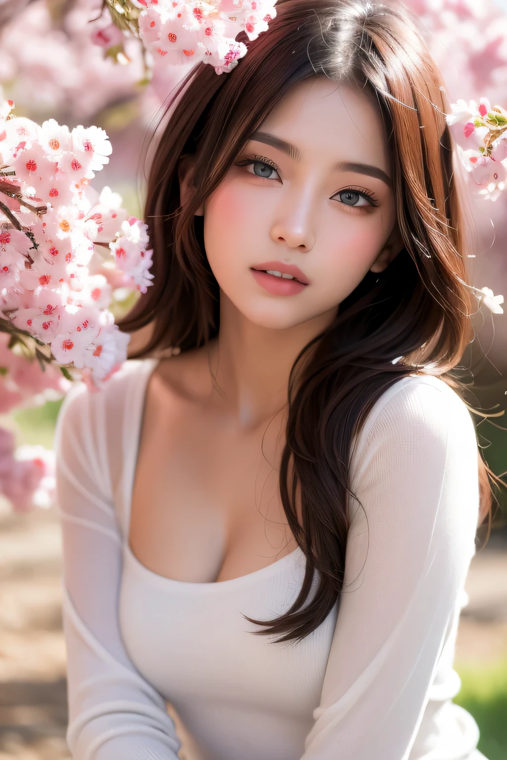 1girl, different poses, fully body, NSFW, brown hair, blue eyes, pink and white clothing, sakura leafs, vivid colors, white outfits, paint splash, background, ray tracing, wavy hair, different poses, Double Eyelids, Full Lips, High Cheekbones, Symmetrical Features, Small Well-Shaped Nose, Smooth Clear Skin, Well-Defined Jawline, Thick Natural Hair