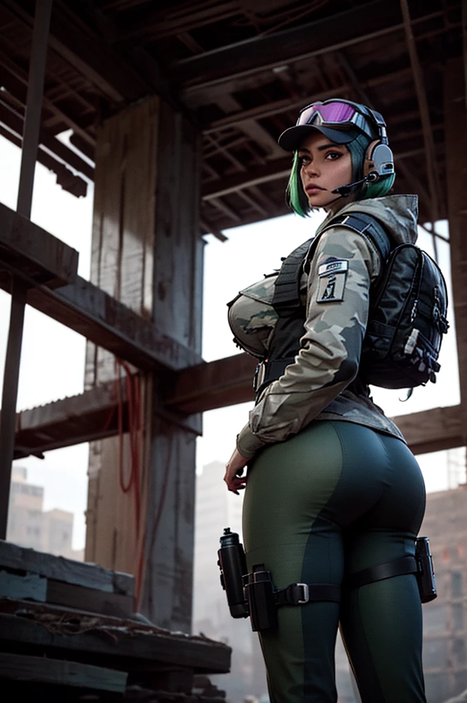 8k portrait of ela (rainbow six siege)
, camouflage, solo, green hair, backpack, boots, hat, goggles, goggles on headwear, pants, looking at viewer, jacket, hood, bag, short hair, headset, blue eyes, camouflage jacket, gloves, holster, hood down, thigh holster, radio antenna, military, headphones, leggingull body)), piercing eyes, looking at the viewer, dynamic pose, ((thighig tits:1.0), looking back, (huge ass:1.4)
, best quality, (photo-realistic:1.2), looking at the viewer, film grain, construction site scene, construction site background, debris, low angle
, dark scene, rim lighting, two tone lighting, dimly lit, low key hdr,