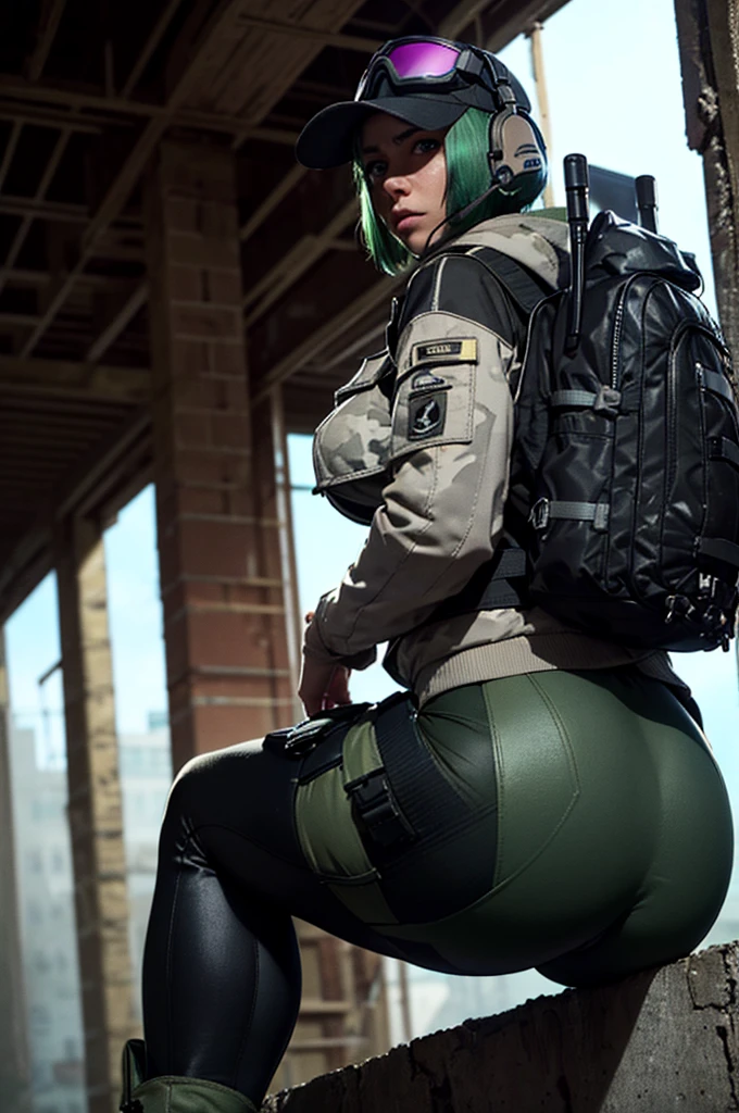 8k portrait of ela (rainbow six siege)
, camouflage, solo, green hair, backpack, boots, hat, goggles, goggles on headwear, pants, looking at viewer, jacket, hood, bag, short hair, headset, blue eyes, camouflage jacket, gloves, holster, hood down, thigh holster, radio antenna, military, headphones, leggingull body)), piercing eyes, looking at the viewer, dynamic pose, ((thighig tits:1.0), looking back, (huge ass:1.4)
, best quality, (photo-realistic:1.2), looking at the viewer, film grain, construction site scene, construction site background, debris, low angle
, dark scene, rim lighting, two tone lighting, dimly lit, low key hdr,