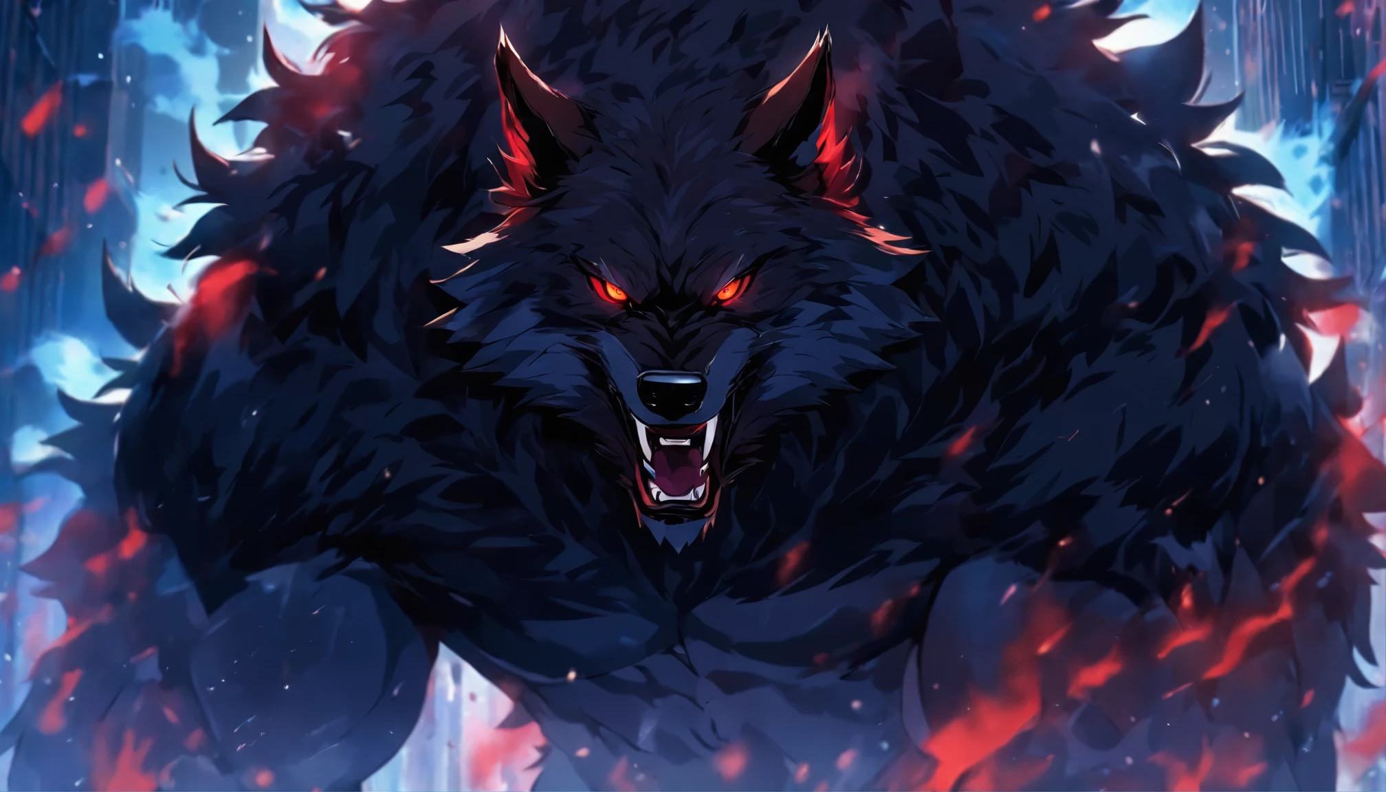 muscular wolf, huge paws, huge muscular paws, black wool, Red eyes, wool all over the body