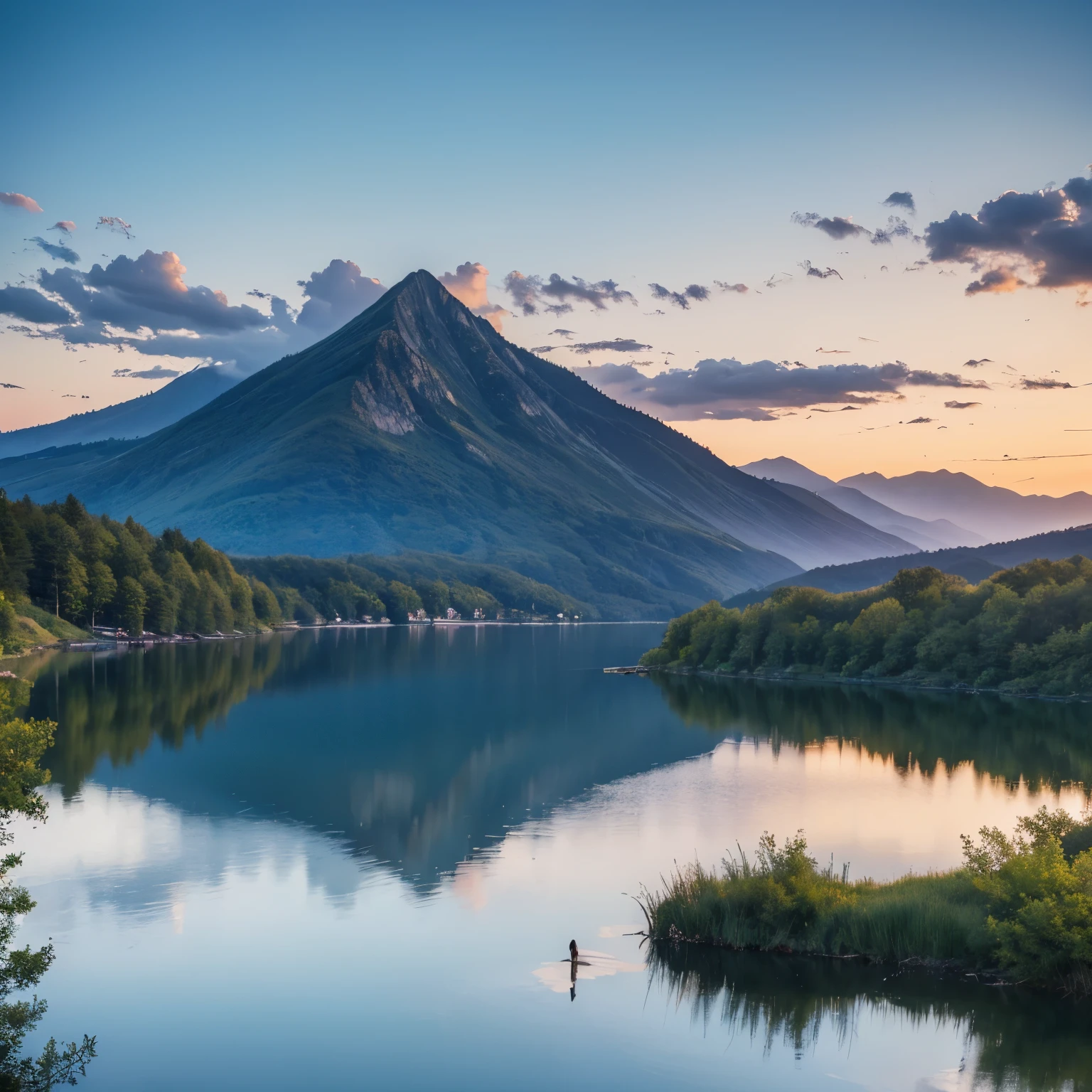 (Highest quality images, masterpiece), detailed landscape, Peaceful lake (Reflecting the vibrant sky at dusk),Nuances of color,quiet.