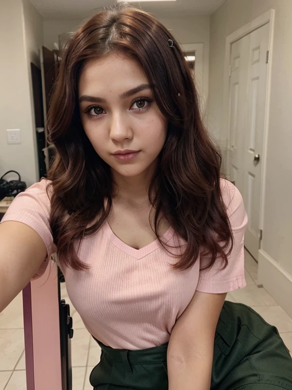 Gamer girl, dark brown complexion, dark green eyes, round face, short wavy red hair, simple makeup, selfie, pastel pink blouse, black cargo pants.