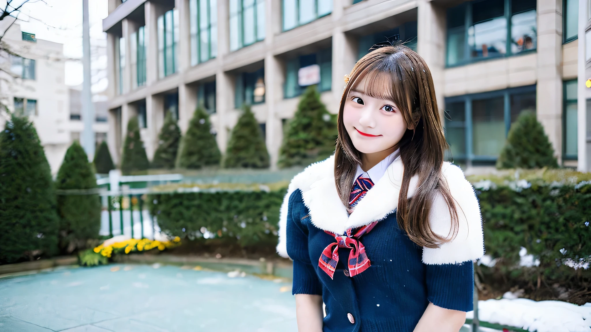 Cute high school girl 18 years old in miniskirt uniform、The background is a winter school