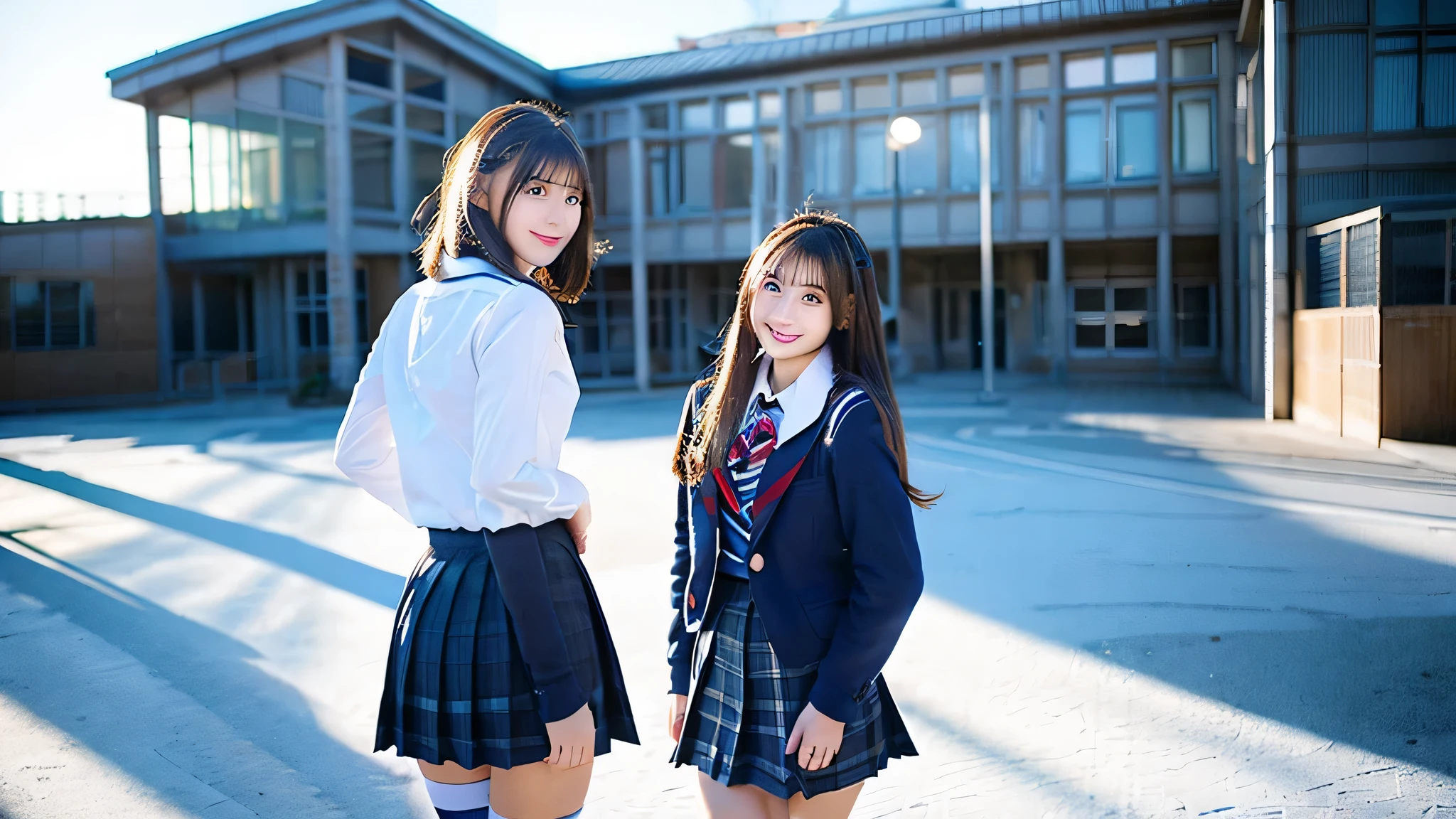 Cute high school girl 18 years old in miniskirt uniform、The background is a winter school