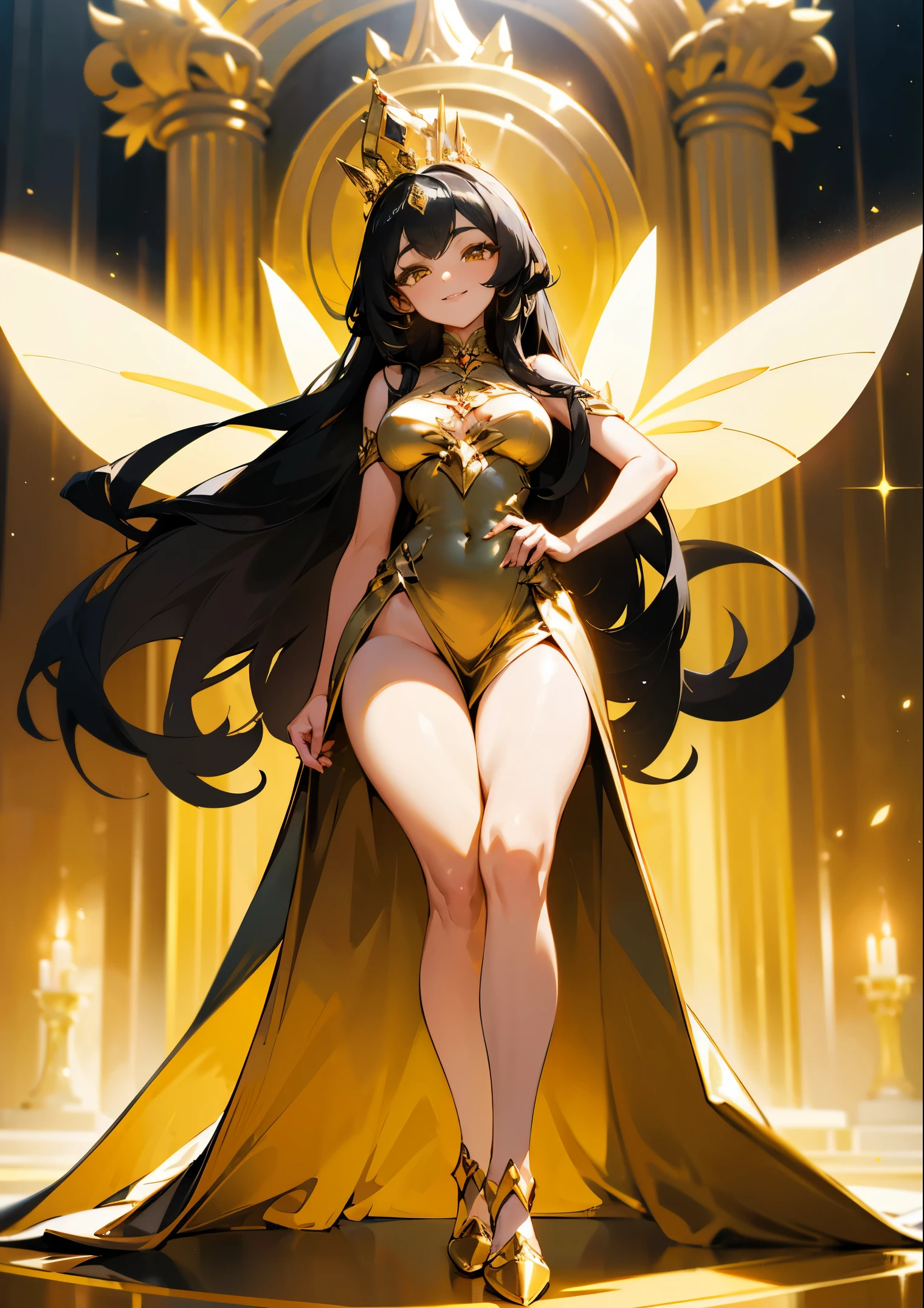 generates 1 perfect full-length image of a beautiful queen, fairy with a beautiful face, golden eyes, long black hair, medium breasts, thick thighs, fairy wings, elegant golden shoes, wide yellow dress, elegant pose, standing in the throne room, mischievous look, mischievous smile, inviting the viewer,