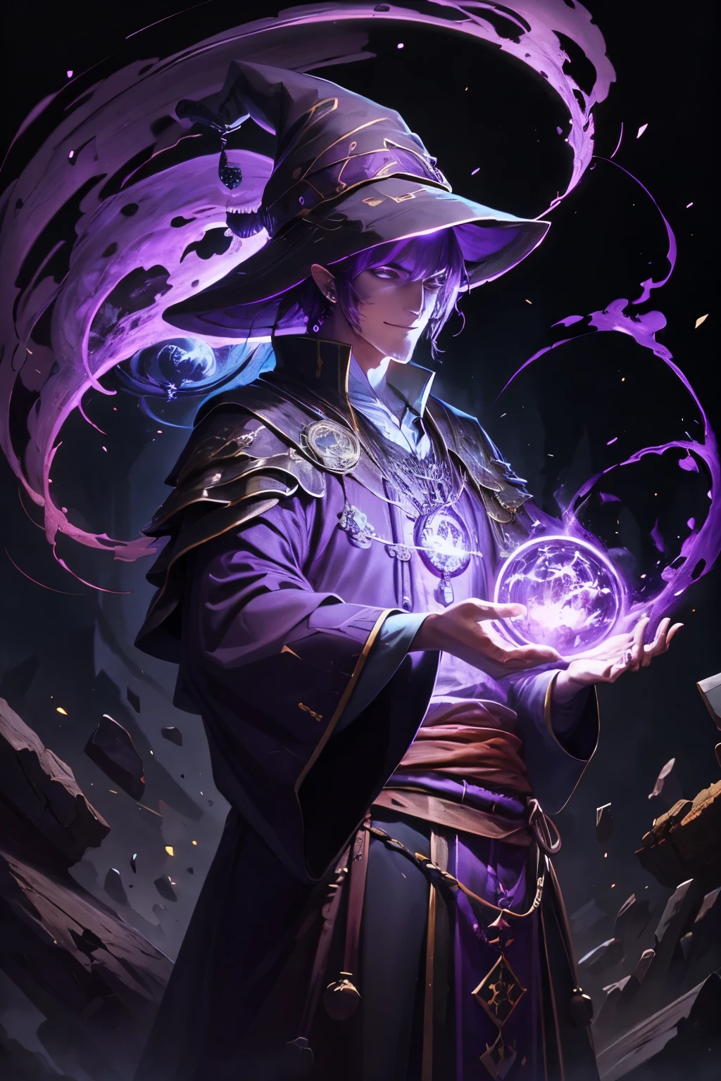 A magical man A wizard wizard with a friendly smile He wears the clothes of a wizard Purple colored clothes, dark and black tones He wears a wizard&#39;s hat Pointy wizard&#39;s hat full of magic and magical lights Cinematic lights A medieval art for RPG