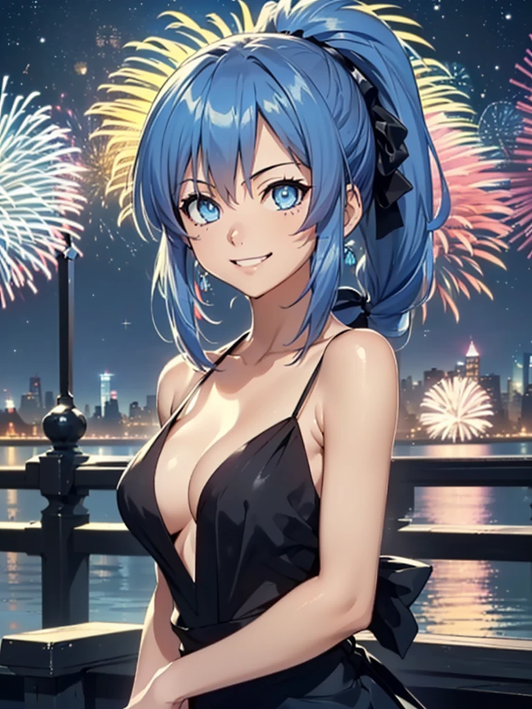 gran calidad ++ Extremely detailed high resolution, very aesthetic, ojos expresivos, (((Cara perfecta))), (((face symmetrical))), ((good anatomy)), (((manos perfectas))), (((8k))), UHD, Fondo de pantalla HD, (((alta calidra detallada, (((1girl))), (((natsuru senou))), ((((smile)))), (((blue hair))), (((blue eyes))), (((spiked hair))), (((ponytail))), (((anime))), (((short hair))), (((mature female))), (((Milficación))), (((hembra madura))), (((hombros estrechos))), (((pechos grandes))), (((cintura estrecha))), (((black dress))), (((New york city))), (((new york new year))), (((new year))), (((fireworks))), (((18 year old beautiful girl))), Dedos detallados, Dedos precisos, Manos no antinaturales, strange eye, ojos rojos, escote, colas gemelas de pelo negro,