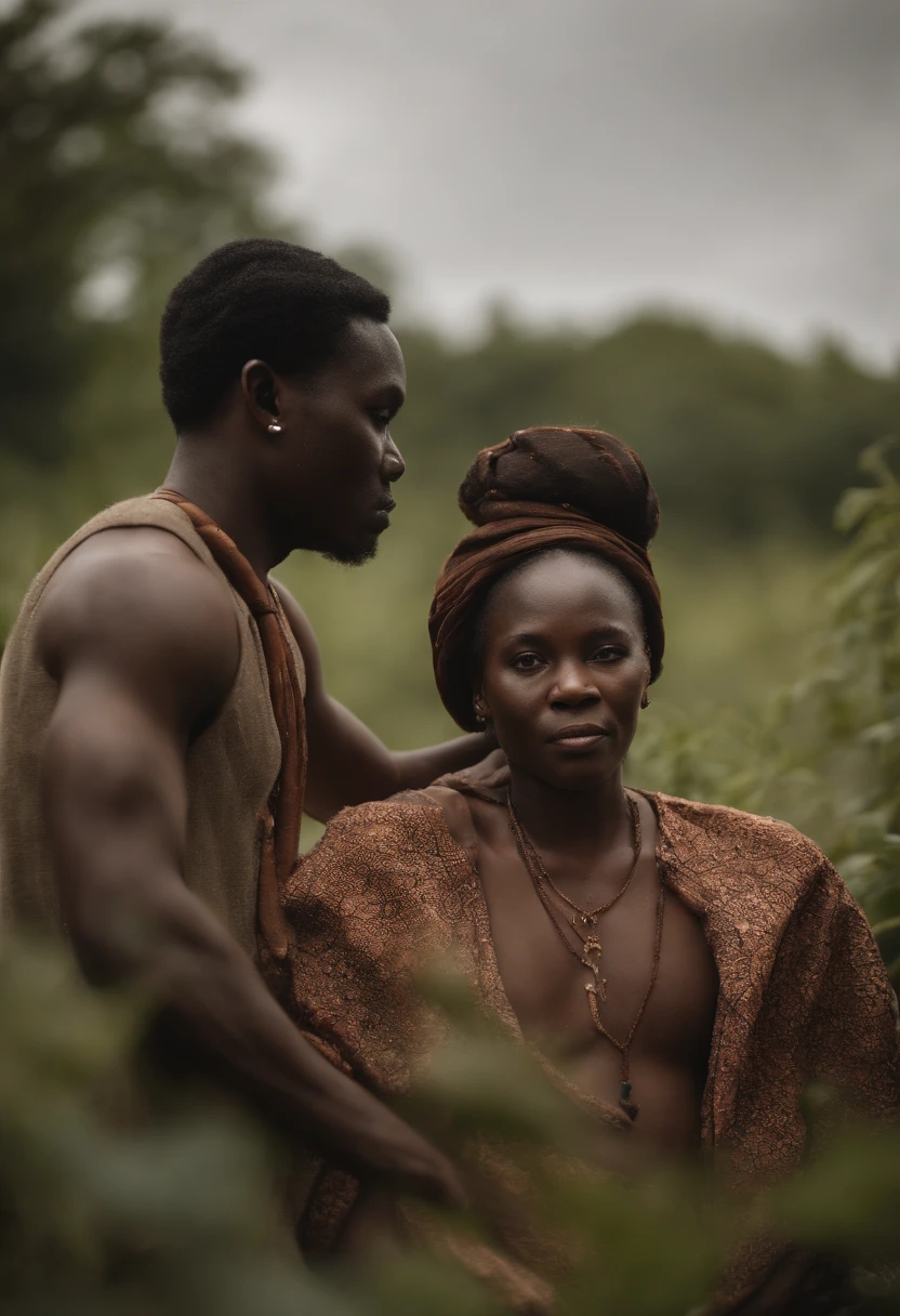 Create an image of a young Nigerian man having sex with an African dirty old woman wearing torn dirty dress in the bush 