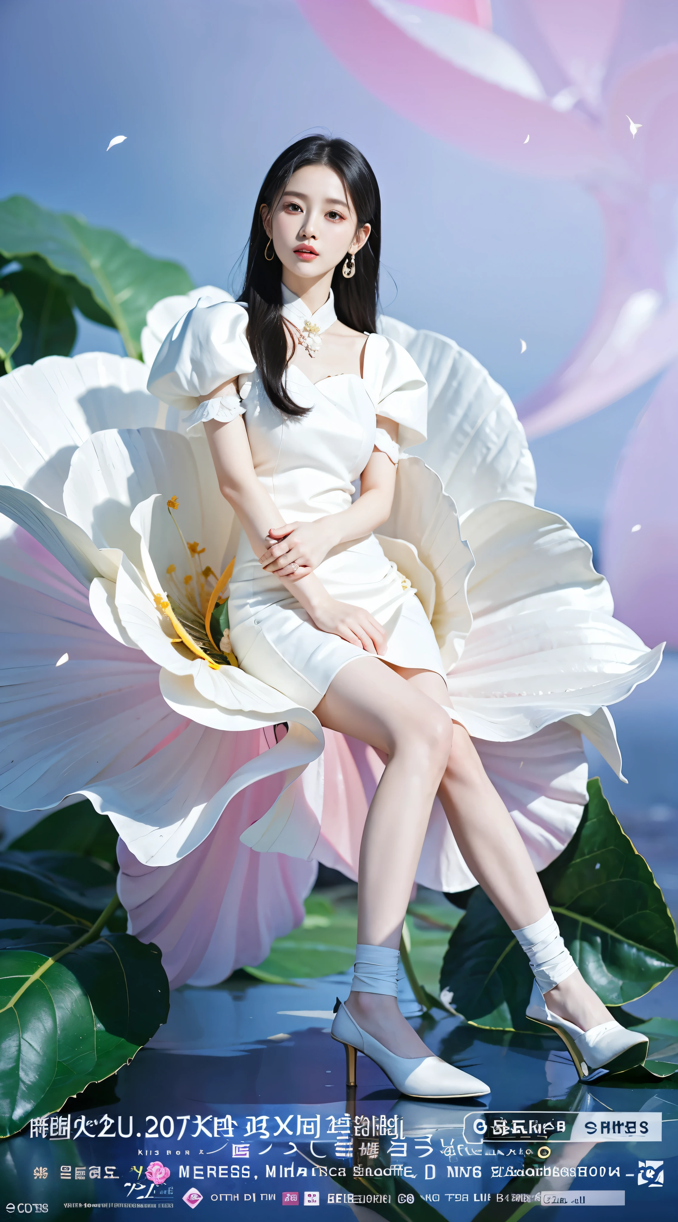 there a woman sitting on a flower with a white dress, jingna zhang, full body xianxia, perfume, sha xi, fan bingbing, lu ji, bloom. fantasy, park ji-min, inspired by Jung Park, with bloom ethereal effects, xianxia fantasy, official artwork, inspired by Huang Ji, heonhwa choe, jia