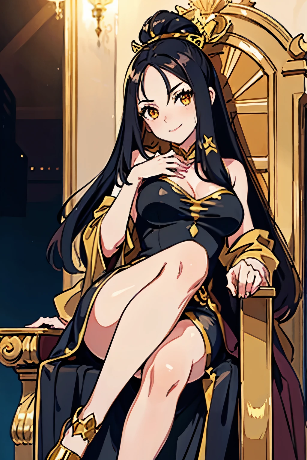 generates 1 perfect full-length image of a beautiful queen, fairy with a beautiful face, golden eyes, long black hair, medium breasts, thick thighs, fairy wings, elegant golden shoes, wide yellow dress, elegant pose, standing in the throne room, mischievous look, mischievous smile, inviting the viewer,