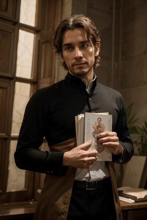 A young male twink with a make-up face and black hair. He is wearing a long-sleeved white shirt and brown pants. He is in the Museum of Medicine, with medical items behind him. He is holding in his hand a sharp, gold sword shaped like a newspaper and long with two heads.