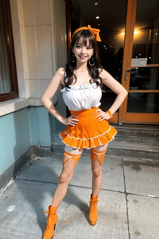 (high-level image quality, high-detail, high quality, high resolution, Draw everything in high resolution), (full body shot:1.2), (one hand on hip:1.4), standing, (huge and sagging breast:1.4), Very intense crystal light blue eyes, Very pale Slightly bigger blue eyes, Brings intense light to the eyes, Look firmly at the camera, Put your ears out, short black hair with a beautiful sheen, Beautiful very short beautiful hair with bangs, Show off all the beautiful décolletés, Beautiful 20 years old, lip gloss, long neck, happily laughing, Smiling very happily, Beautiful teeth alignment, Beautiful teeth, Beautie, Beauty with slightly wider shoulders, super model, Long-legged supermodel, Female sexy, Turn your face slightly to the side, Very mature and beautiful woman, Very small face, Pretty Woman, BREAK, (a woman wearing a highly saturated (orange, tangerine) and green theme:1.4), (tone on tone:1.3), (wearing tangerine [[crochet]] hat:1.4), (green ribbon:1.4), (sleeveless (orange:1.1) and (white:0.7) [polka dot pattern] sundress:1.4), (bare shoulders:1.3), (suspenders with ruffles:1.2), (green belt with ribbon:1.3), (orange tiered skirt with ruffles:1.3), (platform HIGH boots:1.1), (green ribbon on head:1.3), BREAK, (fishnet stockings:1.3), (earrings shape of mandarin oranges:1.2), at colosseume ancient roman arena, illuminate the back with light from the spot light, Very immaculate background