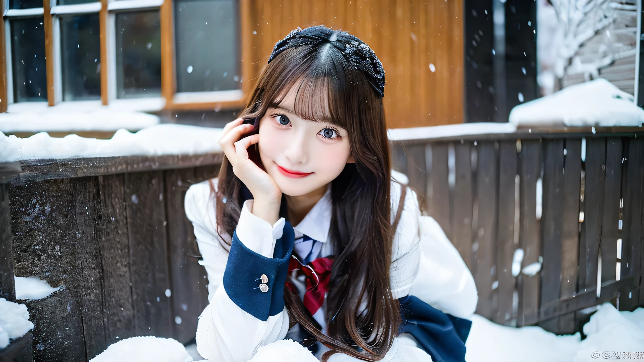 Cute high school girl 18 years old in miniskirt uniform、The background is inside the classroom、I can see snow outside the window