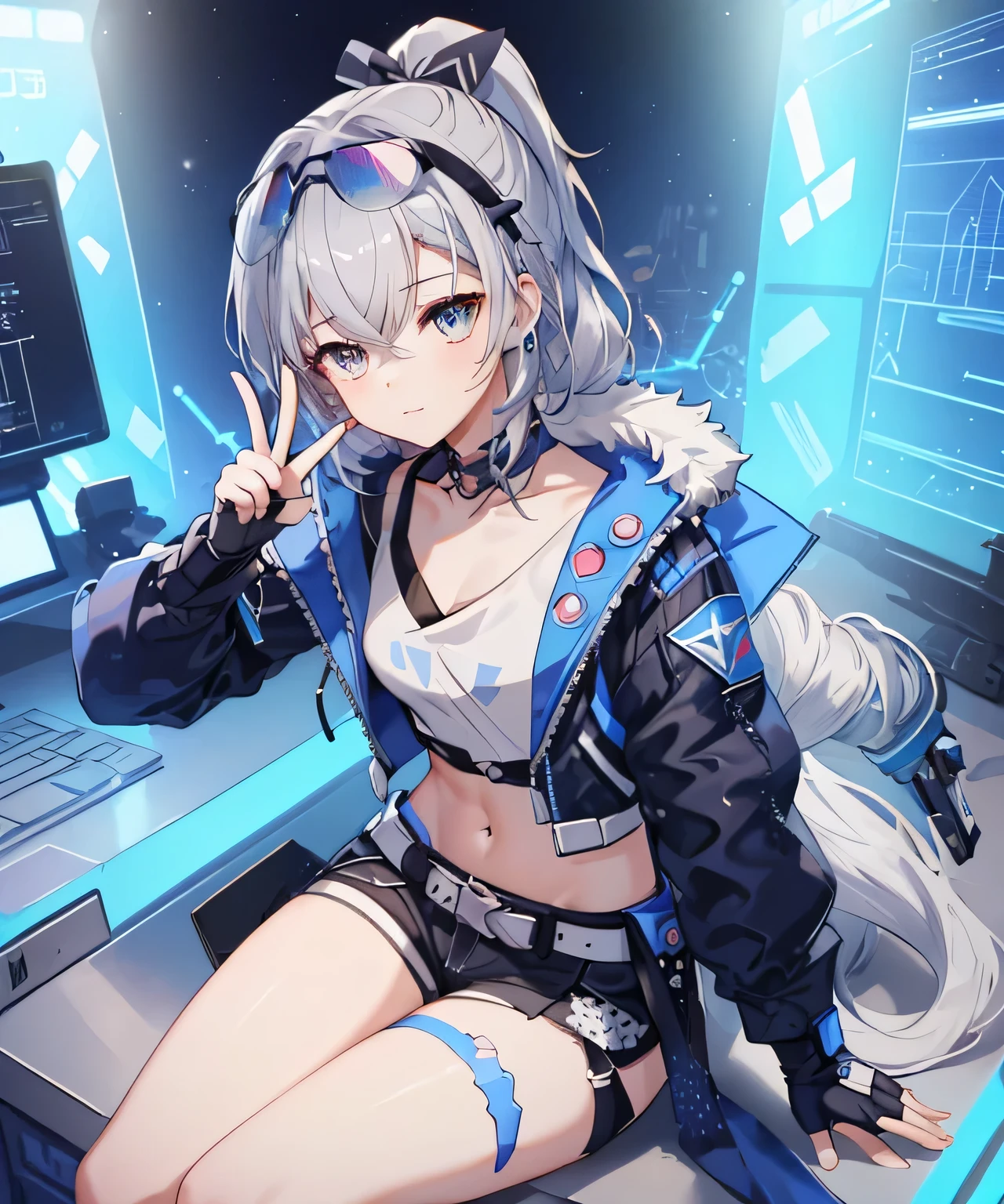 (masterpiece, lifelike,best quality, Extremely detailed CG,beautiful and delicate eyes,super detailed,intricate details,from above),whole body,1 girl,young,,young,long hair,Metal wool,white hair,high bone tail,Moderate,navel,silver eyes,giggle,((peace sign,sitting,),crown,Wearing blue sunglasses,fingerless gloves,cyberpunk jacket),Detailed background((space station,Fluorescent blue light,Holy Aura,Science fiction theme)), 