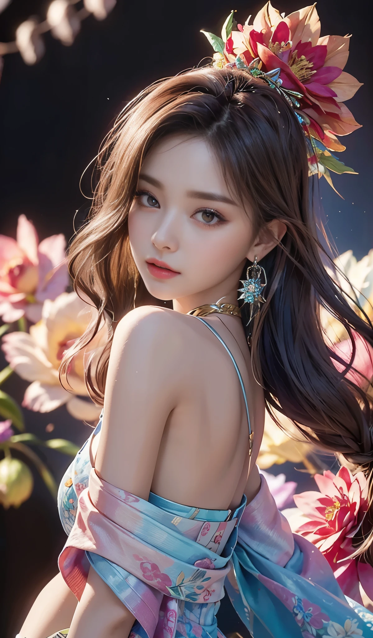 Top quality work,Photorealistic works,Ultra Premium Graphics,8K HD CG works,High-quality graphics,High-definition fine CG works,10x pixel,Ultra-fine details:1.1,Advanced technical details:1.1Photographically realistic, A high resolution ,Transparent hair,High Detail Hair(Premium Hair Detail:1.1)Clear eyes,Good looking double eyelids,Sharp eye makeup, Delicate makeup for eyelashes, Thin eyebrows, ultradetailed eyes,High Nose, lovely red lips, Rose cheeks, Face with delicate makeup , Pretty Face, A perfectly proportioned face,(Advanced facial details:1.1), Women's Artwork,full-body view,Goddess of Dress,,amazing,Today's eyes are bright (masterpiece, top quality, best quality, official art, beautiful and aesthetic:1.2), (1girl:1.3), extremely detailed,(fractal art:1.1),(colorful:1.1)(flowers:1.3),highest detailed,(zentangle:1.2), (dynamic pose), (abstract background:1.3), (chinese Traditional cloth:1.2), (shiny skin), (many colors:1.4), ,(earrings:1.4),