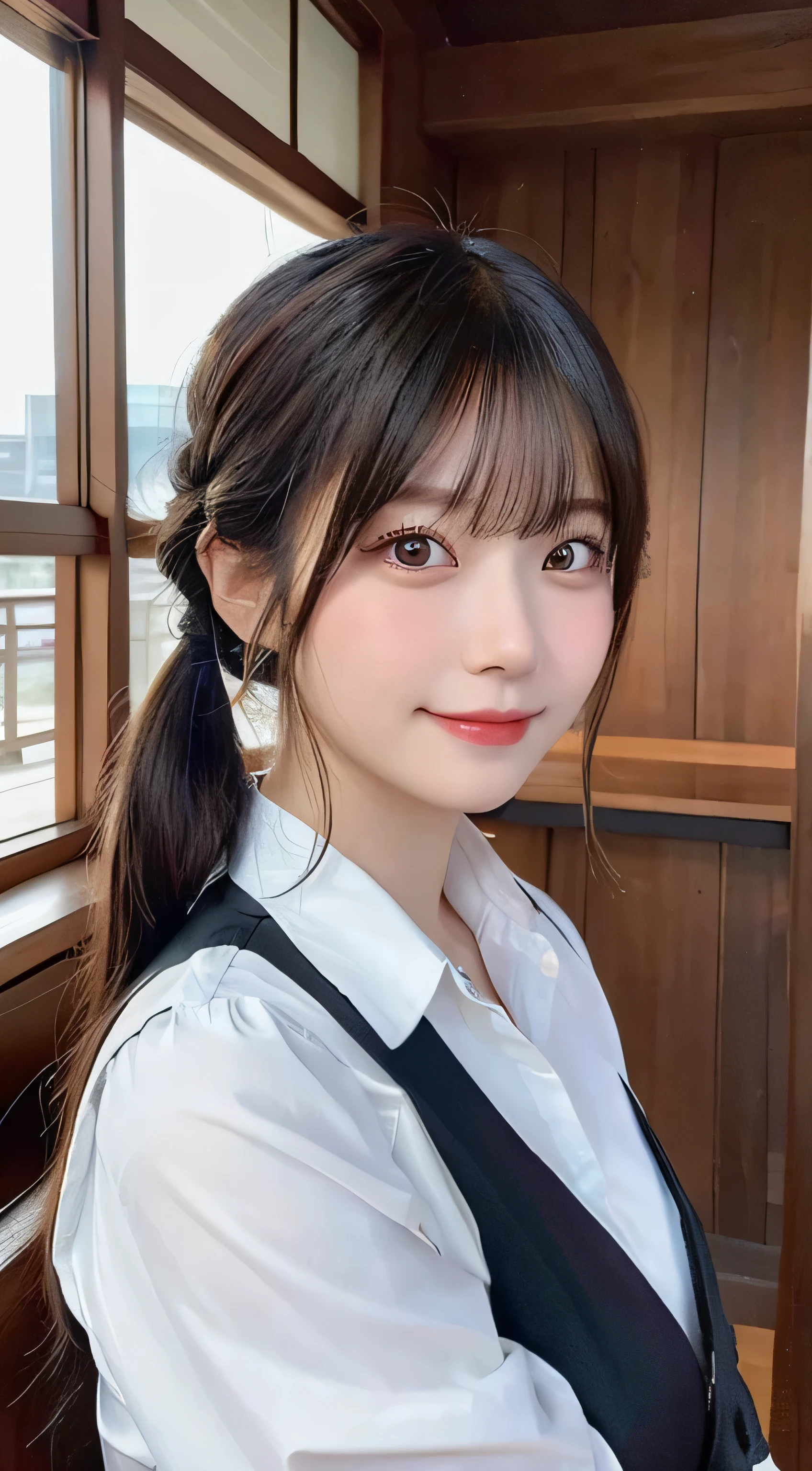 (top-quality,​masterpiece:1.3,超A high resolution,),(ultra-detailliert,Caustics),(Photorealsitic:1.4,RAW shooting,)Ultra-realistic capture,A highly detailed,High resolution 16K human skin close-up。 Skin texture  natural、,The pores are、Must be detailed enough to be easy to identify。 Skin should look healthy with even tones。 Use natural light and color,resturant,Waitress uniform,1人,japanes,18year old,kawaii,A dark-haired,poneyTail,Ultramammy,A smile,(front-facing view),Looking at the camera,cowboy  shot,Subjective point of view