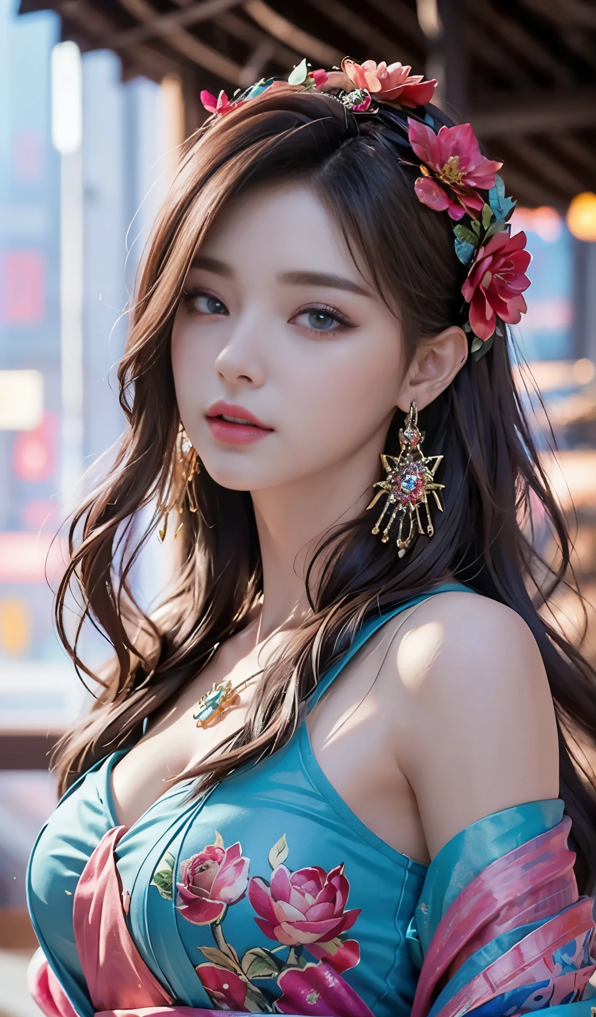 Top quality work,Photorealistic works,Ultra Premium Graphics,8K HD CG works,High-quality graphics,High-definition fine CG works,10x pixel,Ultra-fine details:1.1,Advanced technical details:1.1Photographically realistic, A high resolution ,Transparent hair,High Detail Hair(Premium Hair Detail:1.1)Clear eyes,Good looking double eyelids,Sharp eye makeup, Delicate makeup for eyelashes, Thin eyebrows, ultradetailed eyes,High Nose, lovely red lips, Rose cheeks, Face with delicate makeup , Pretty Face, A perfectly proportioned face,(Advanced facial details:1.1), Women's Artwork,full-body view,Goddess of Dress,,amazing,Today's eyes are bright (masterpiece, top quality, best quality, official art, beautiful and aesthetic:1.2), (1girl:1.3), extremely detailed,(fractal art:1.1),(colorful:1.1)(flowers:1.3),highest detailed,(zentangle:1.2), (dynamic pose), (abstract background:1.3), (chinese Traditional cloth:1.2), (shiny skin), (many colors:1.4), ,(earrings:1.4),