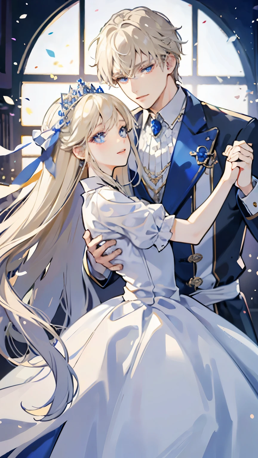 ((highest quality))、((masterpiece)) White and blue princess dresses、light、Girl with long white hair、palace-like palace、danceホール、Brilliant、dance、happy man and woman dancing waltz、blonde blue-eyed man、detailed face