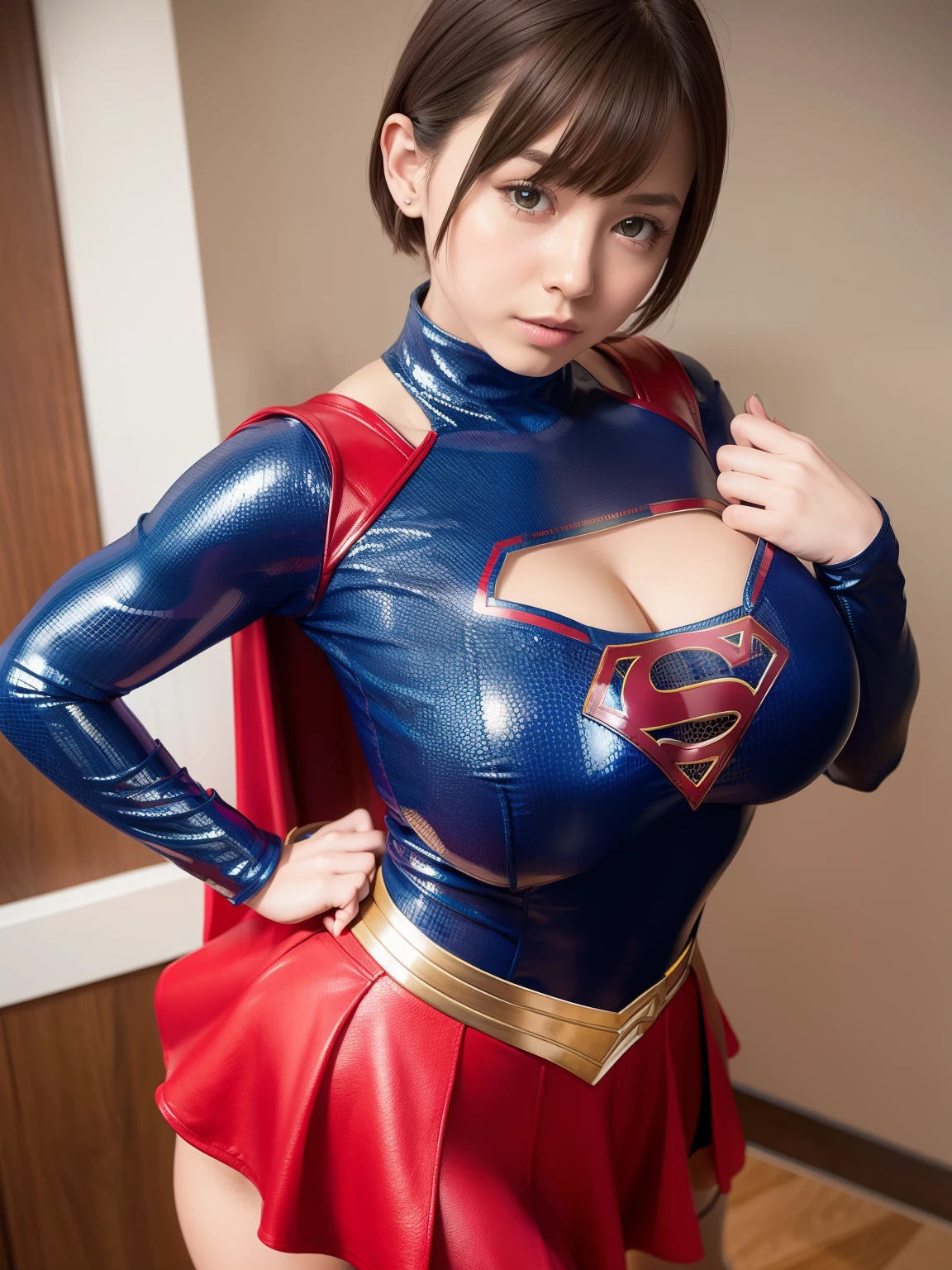masterpiece、A short-haired supergirl who puts her hands on her hips and puffs out her chest.、big and full breasts、look at the camera、shiny costume、red mini skirt、long sleeve、Enamel Long Boots