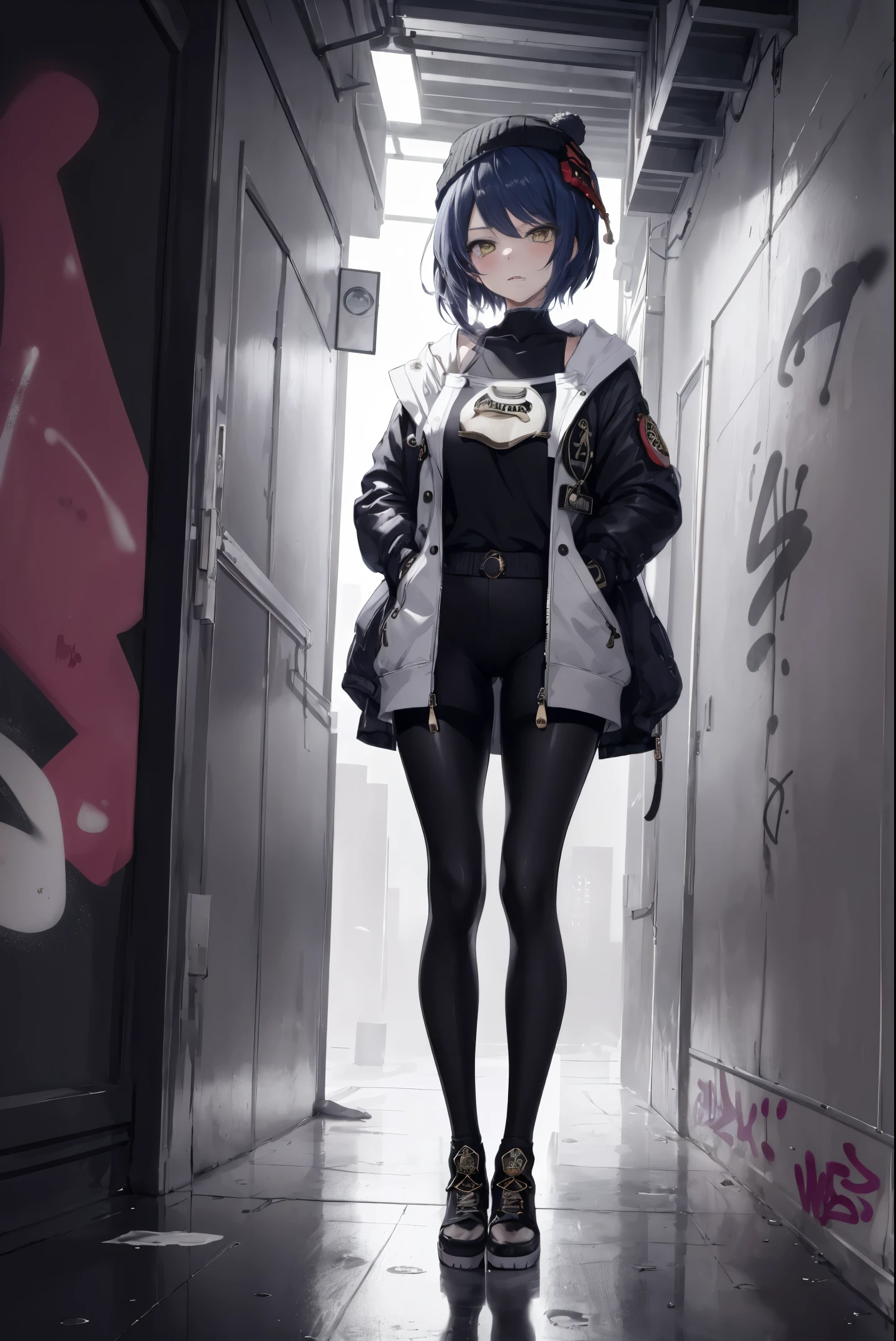 Kujou Sara| genshin impact, (Masterpiece:1.2, best quality), (Graffiti Wall:1.15), 1 woman, Beanie hat, jacket, Leggings, black hair, full body,