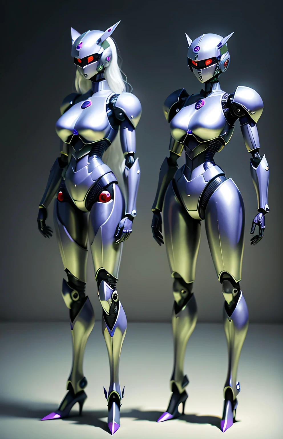 Mother and daughter transformed into robots　metallic and mechanical body　my mother is a little tall　The body has a similar shape　Standing side by side