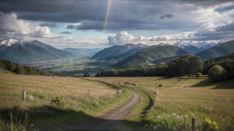 At rainy, fields, mountains, and water, Japanese scenery, RAW photo, 16k, masterpiece, flowers and trees in the middle and on both sides of the road, sunny and rainy, half rainy and half sunny, there are rays of light shining through the clouds, birds on the edge of the clouds, raindrops in the air, rolling mountains in the distance, vegetation on the mountains, lakes and rivers at the foot of the mountains