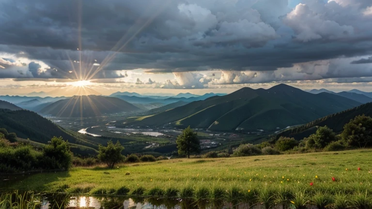 At rainy, fields, mountains, and water, Japanese scenery, RAW photo, 16k, masterpiece, flowers and trees in the middle and on both sides of the road, sunny and rainy, half rainy and half sunny, there are rays of light shining through the clouds, birds on the edge of the clouds, raindrops in the air, rolling mountains in the distance, vegetation on the mountains, lakes and rivers at the foot of the mountains