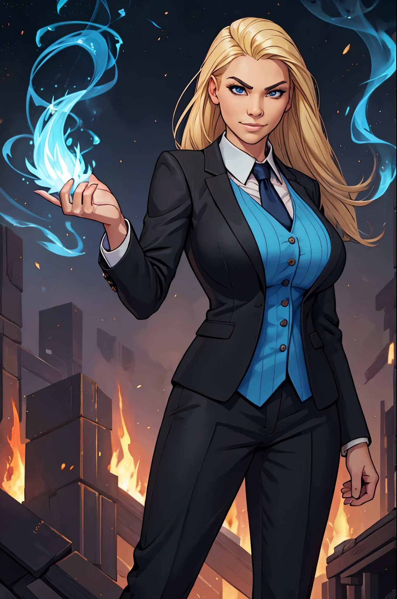 busty young adult blonde human female, smug facial expression, black pin-stripe business suit and dress pants, wielding a magical blue flame