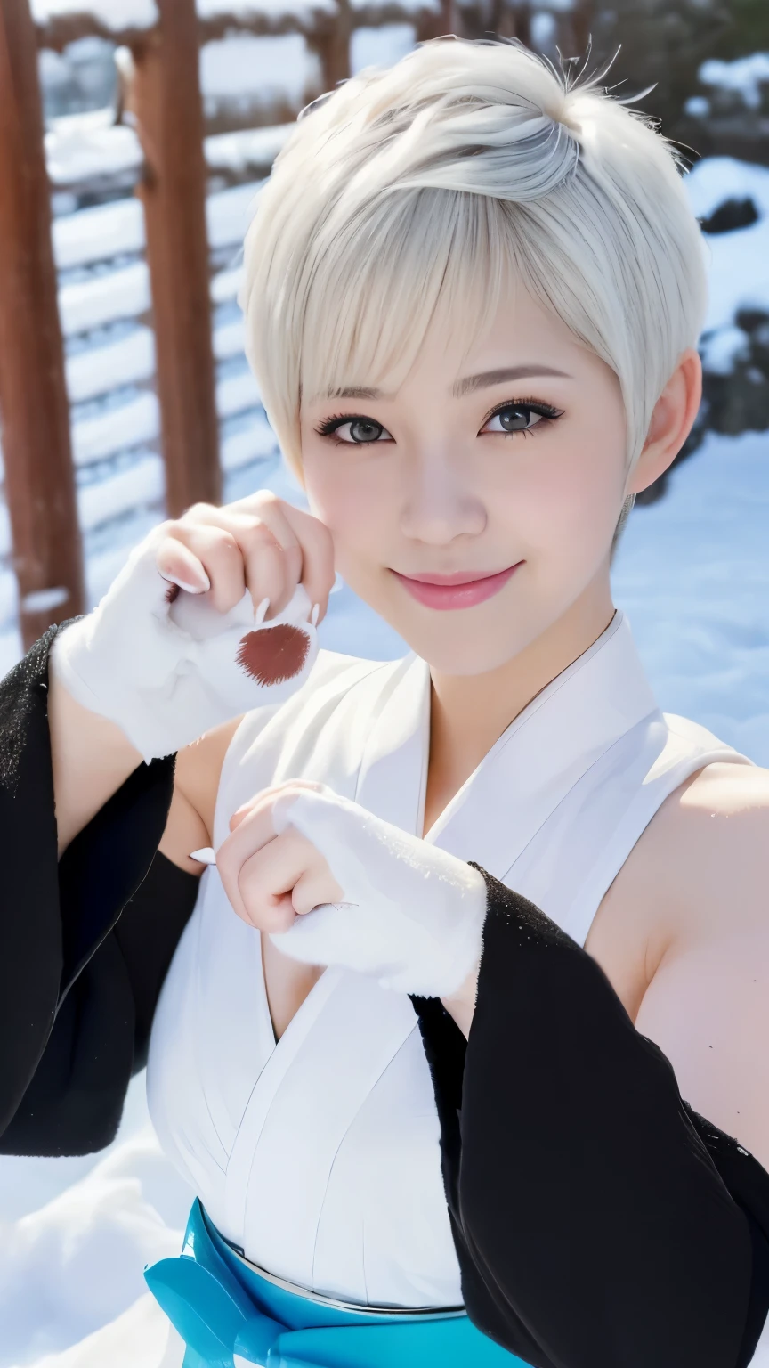 ((Best-quality, Masterpiece, Ultra-High-Resolution, (Photorealistic:1.4), Raw-Photo, Extremely-Details, Perfect-Anatomy)), 1girls, 18-years-old, the most popular Japanese-idol, grinning at heavy-snowy-mountain, (((((paw-pose, extremely cute face like a most famous Japanese-idol, extremely beautiful big-black-eyes, extremely beautiful white-short-cut-haired))))), extremely beautiful lips, extremely beautiful long-eyelashes, extremely beautiful white-skins, wearing only white-Japanese-KIMONO, detailed snowy-mountain, detailed white-Japanese-KIMONO