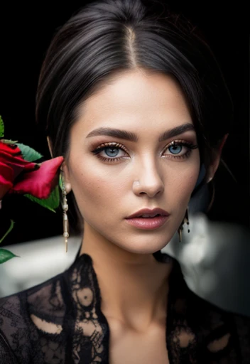 a close up of a woman holding a rose in her hand, feminine beautiful face, extremely beautiful face, beautiful feminine face, very beautiful face, attractive beautiful face, beautiful and realistic faces, very pretty face, realistic beautiful face, beautiful aesthetic face, beautiful eyes and face, lovely delicate face, detailed beautiful face, very very very beautifull face, gorgeous face portrait