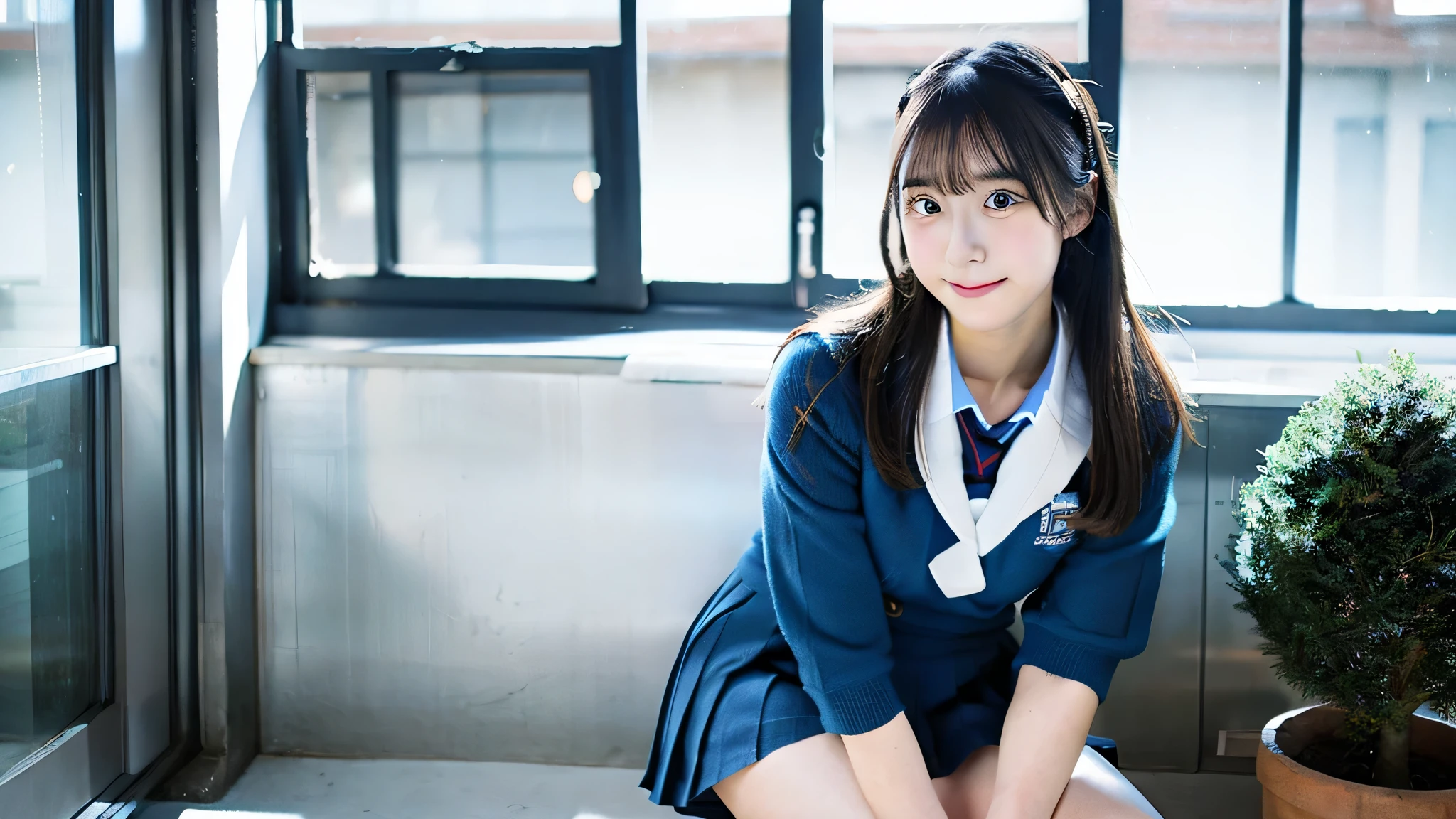 High school girl 18 years old wearing a light blue miniskirt uniform、winter classroom