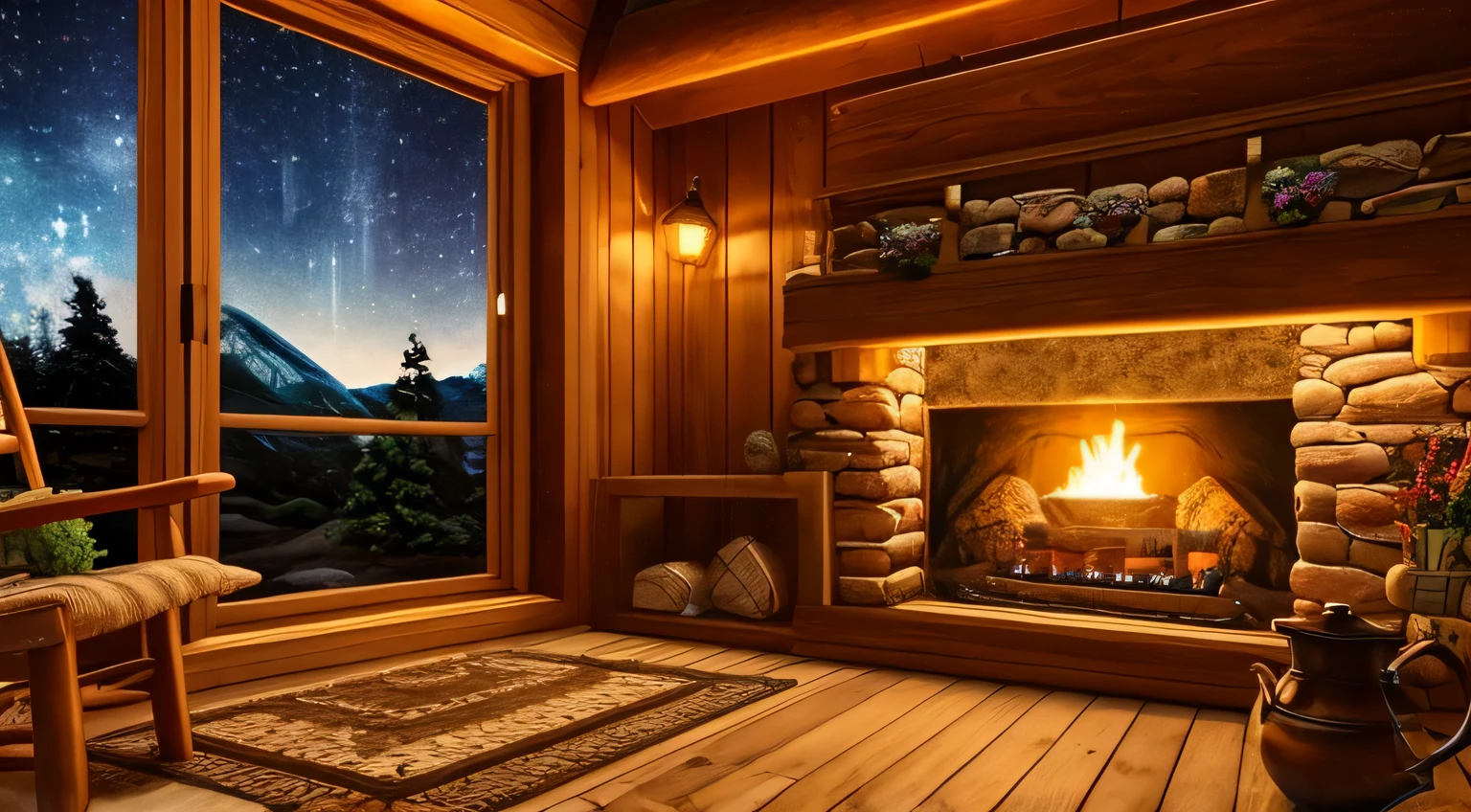 (best quality,4k,8k,highres,masterpiece:1.2),ultra-detailed,(realistic,photorealistic,photo-realistic:1.37),cozy hobbit living room at night,fireplace,soothing warm fire,soft candlelight,stacked wooden shelves with books,comfortable worn-out armchair,thick furry rug,moss-covered stone walls,beautifully carved wooden ceiling beams,glowing mushrooms,steaming hot tea on a wooden table,hanging oil lamps,dancing shadows,cosy nooks and corners,gentle crackling sounds,peaceful starry night sky outside,warm and inviting atmosphere,subtle earthy colors,magical,comforting ambiance