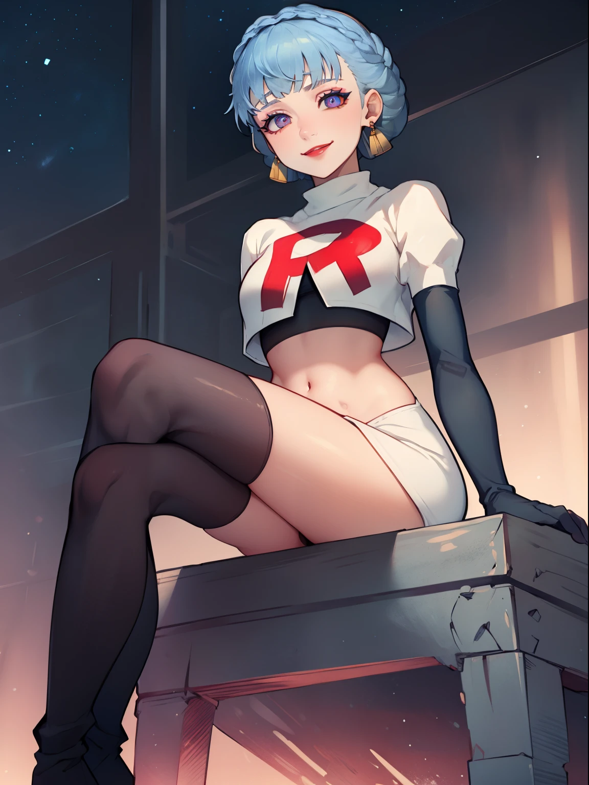 marianne von edmund, ,earrings ,red lipstick, blue eye shadow, heavy makeup ,team rocket uniform, red letter R, white skirt,white crop top,black thigh-high boots, black elbow gloves, evil smile, looking down on viewer, sitting down ,legs crossed, night sky background