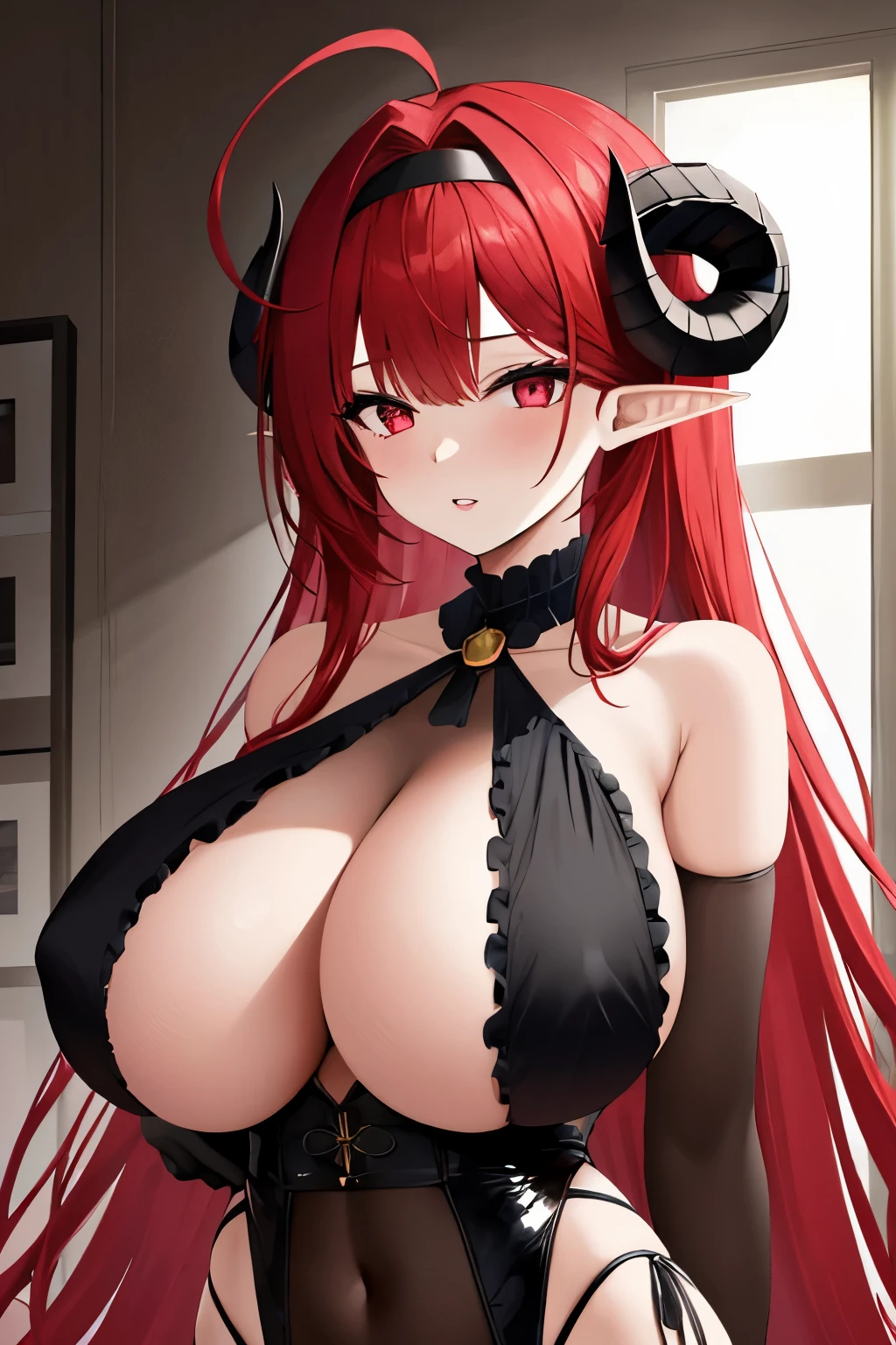 1girl, pointy ears, horns, solo, red hair, long hair, red eyes, bare shoulders, looking at viewer, huge breasts, gloves, elbow gloves, ahoge, hairband, black gloves, underboob, upper body, demon girl, hair intakes, very long hair, frills, slit pupils, parted lips,(shiny skin),(mature female:1.2),hindenburg \(azur lane\),