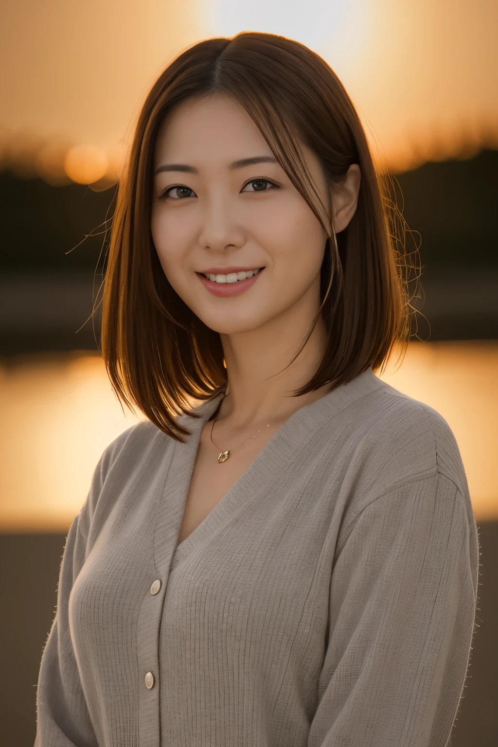 portrait, 8K, high quality, realistic photo images, 39 years old, japanese women, clear,sexy, Reproduces natural and realistic eyes, japanese stand, beautiful brown hair waiting for someone, beautiful lighting, golden ratio composition, smile, casual clothes, natural background, Sunset background, 4K, high quality, realistic photo images, japanese women, Beautiful wife, breasts, Neat beauty,