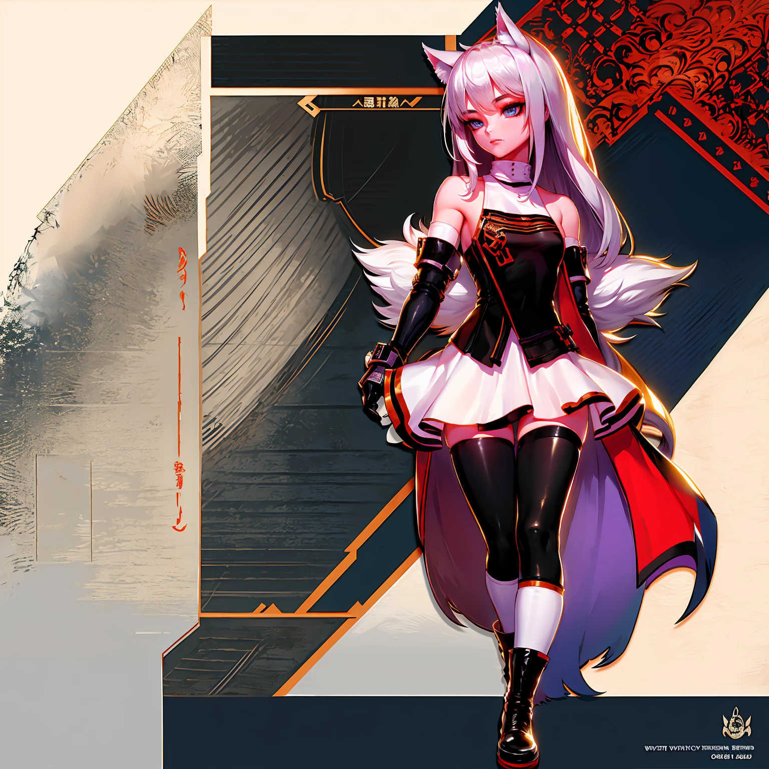 8k, resolution, high quality, high resolution, best quality, best resolution, absurd resolution, ray tracing, high detailed, masterpiece, extremely detailed,shoulder length white hair, female,white 2 wolf ears, teenage girl, slim body, white scale dragon tail,black boots,black leggings, school skirt, white jacket, medium size chest, detailed blue eyes, detailed beautiful face,solo female,1 dragon tail, detailed eyes, tomboyish