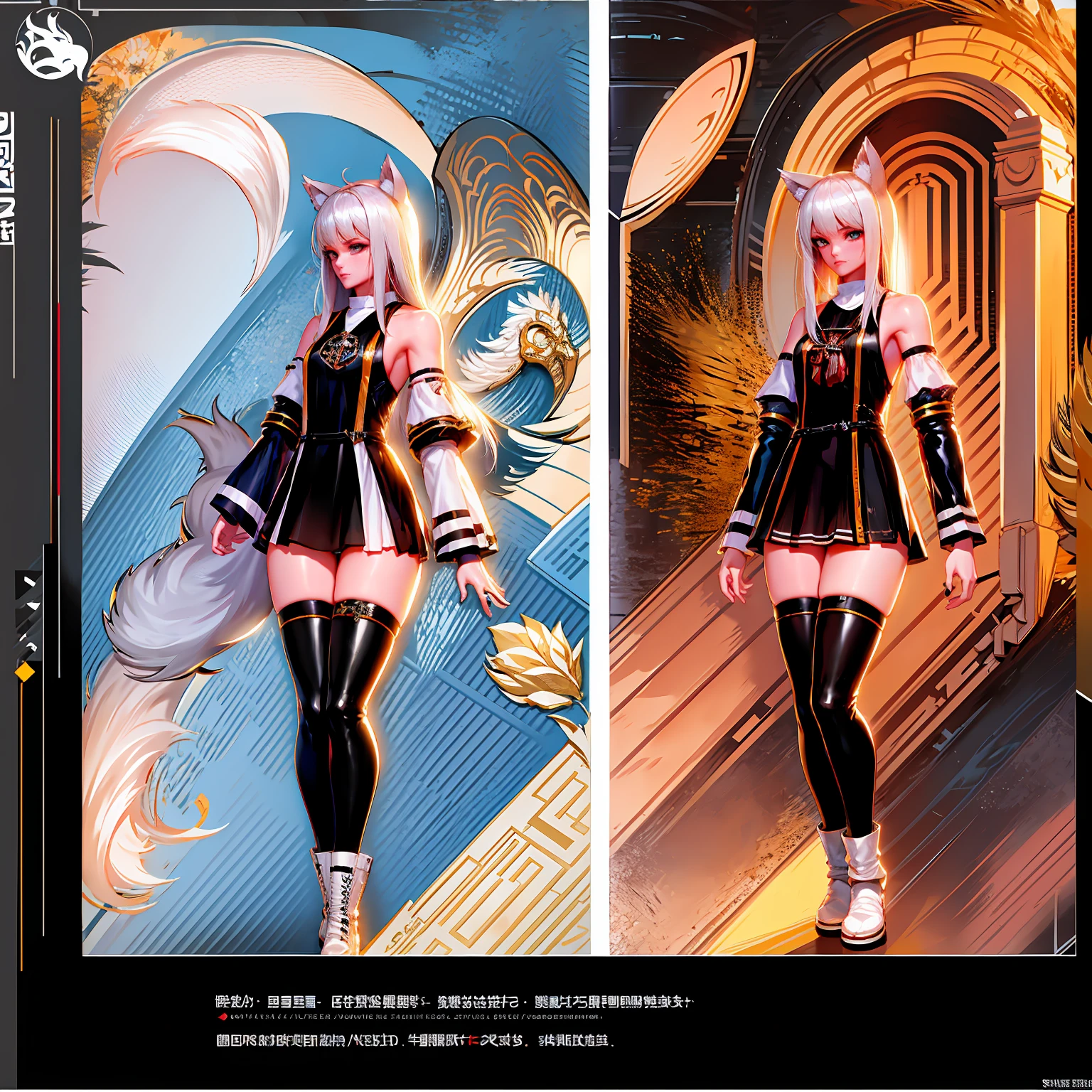 8k, resolution, high quality, high resolution, best quality, best resolution, absurd resolution, ray tracing, high detailed, masterpiece, extremely detailed,shoulder length white hair, female,white 2 wolf ears, teenage girl, slim body, white scale dragon tail,black boots,black leggings, school skirt, white jacket, medium size ?????, detailed blue eyes, detailed beautiful face,solo female,1 dragon tail, detailed eyes, tomboyish