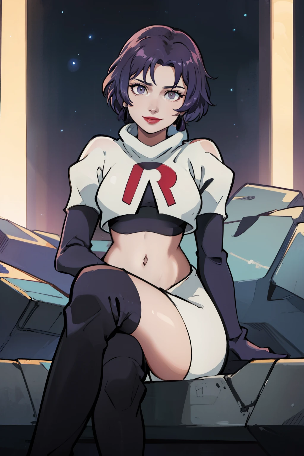 defBernie, grey eyes, purple hair, ,earrings ,red lipstick, blue eye shadow, heavy makeup ,team rocket uniform, red letter R, white skirt,white crop top,black thigh-high boots, black elbow gloves, evil smile, looking down on viewer, sitting down ,legs crossed, night sky background