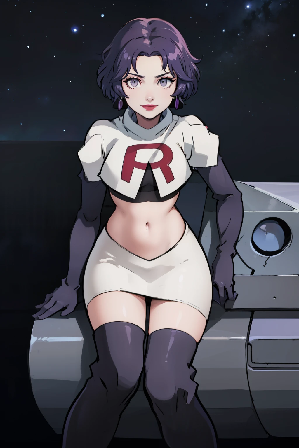 defBernie, grey eyes, purple hair, ,earrings ,red lipstick, blue eye shadow, heavy makeup ,team rocket uniform, red letter R, white skirt,white crop top,black thigh-high boots, black elbow gloves, evil smile, looking down on viewer, sitting down ,legs crossed, night sky background
