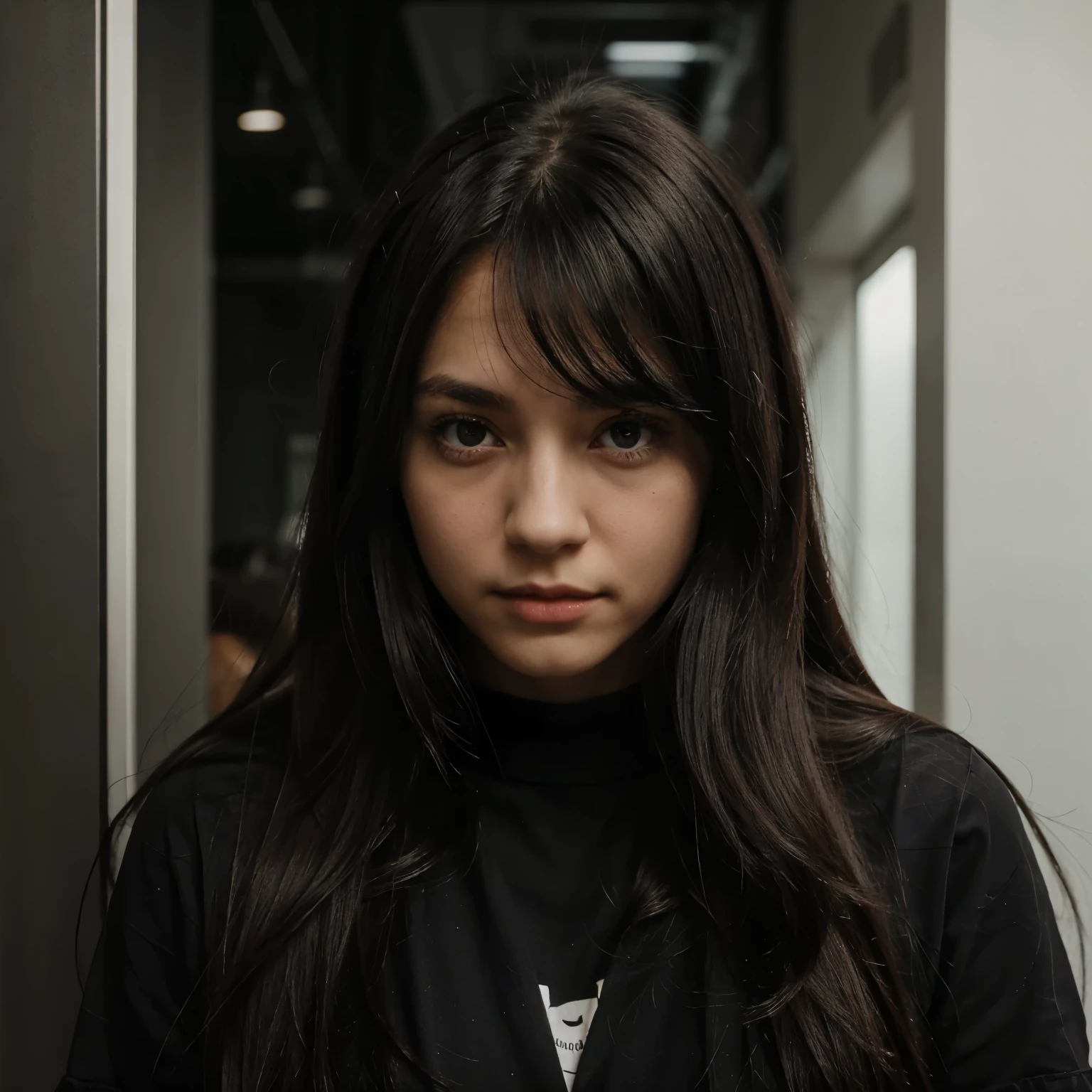 1girl long hair,black eyes,wearing plain black short