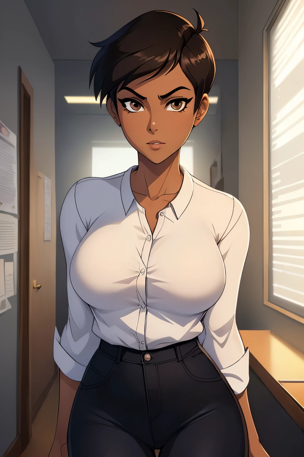 ((ultra quality)), ((masterpiece)), Lois Lane, ((black short hair tomboy hairstyle)), (Beautiful face), (beautiful female lips), (), charming, ((sexy facial expression)), looks at the camera, eyes slightly open, (Dark skin color), (dark skin), glare on the body, ((detailed beautiful female eyes)), ((dark brown eyes)), (juicy female lips), (dark eyeliner), (beautiful female hands), ((ideal female figure)), ideal female body, beautiful waist, gorgeous thighs, beautiful medium breasts, ((subtle and beautiful)), sexy worth (), (White shirt, Black jeans) background: office, ((depth of field)), ((high quality clear image)), (clear details), ((high detail)), realistically, professional photo session, ((Clear Focus)), anime