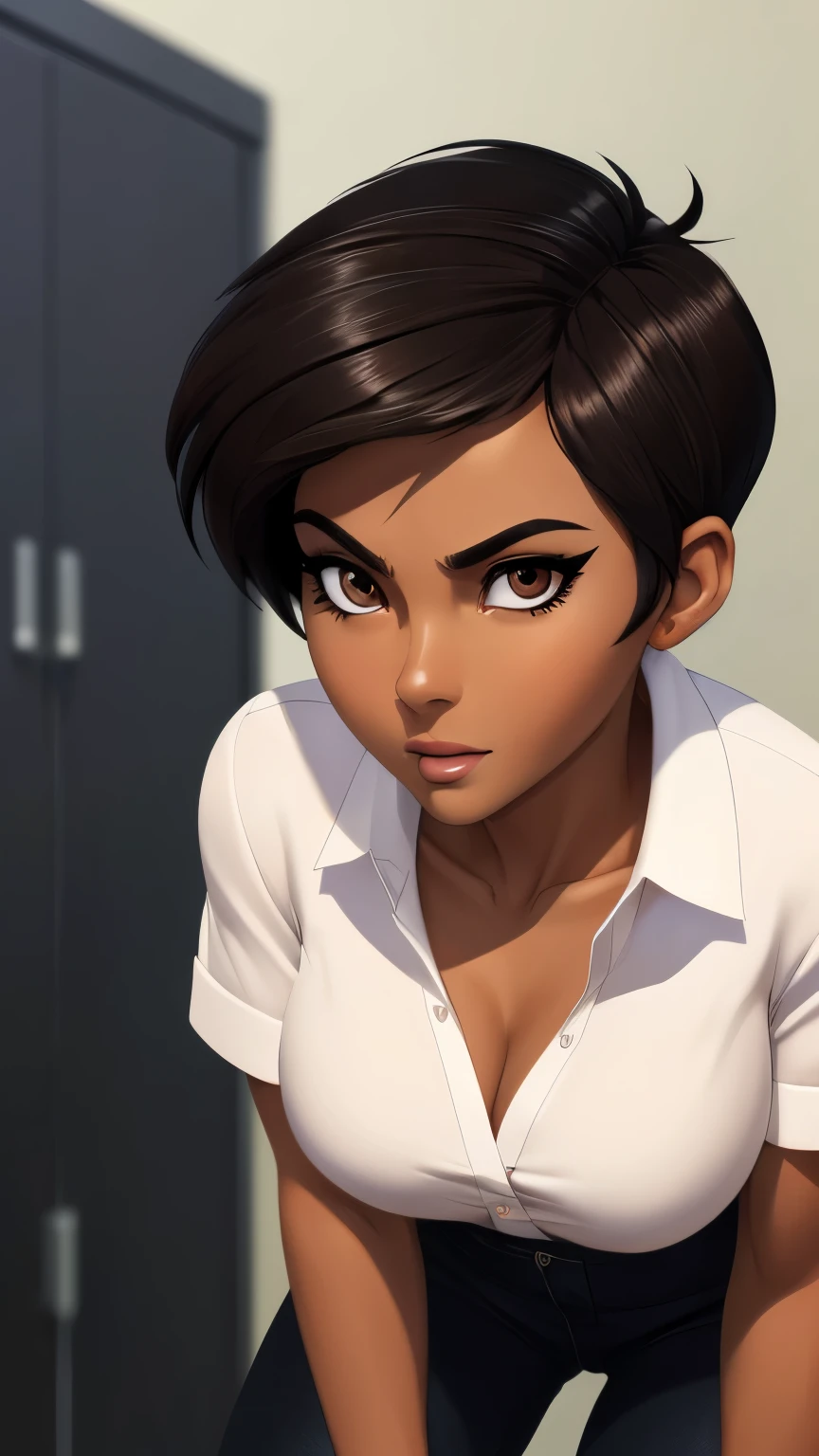 ((ultra quality)), ((masterpiece)), Lois Lane, ((black short hair tomboy hairstyle)), (Beautiful face), (beautiful female lips), (), charming, ((sexy facial expression)), looks at the camera, eyes slightly open, (Dark skin color), (dark skin), glare on the body, ((detailed beautiful female eyes)), ((dark brown eyes)), (juicy female lips), (dark eyeliner), (beautiful female hands), ((ideal female figure)), ideal female body, beautiful waist, gorgeous thighs, beautiful medium breasts, ((subtle and beautiful)), sexy worth (), (White shirt, Black jeans) background: office, ((depth of field)), ((high quality clear image)), (clear details), ((high detail)), realistically, professional photo session, ((Clear Focus)), anime