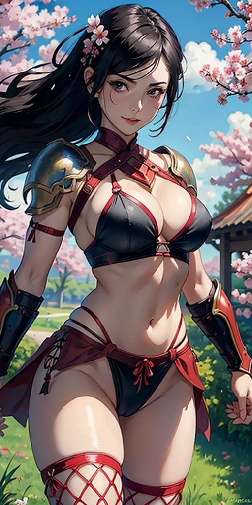 (masterpiece), best quality, expressive eyes, perfect face, ((crimson armor)), black hair, closed smile, athletic body, slim figure, lace bikini, pelvic curtain, exposed midriff, large breasts, cleavage, ((fishnets)), watercolor, sakura blossom background, dynamic pose