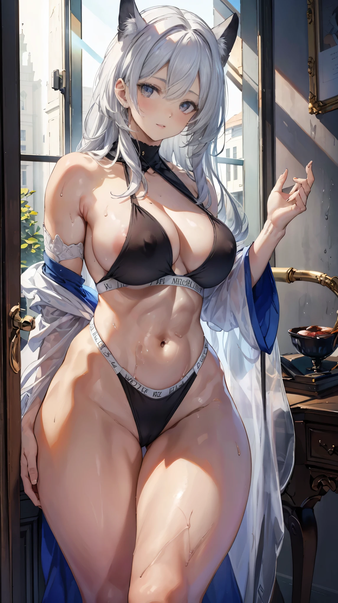 8K, 4k, highest quality, High resolution: 1.2), (masterful, realistic, Photoreal: 1.4), two women, Older sister's atmosphere、beautiful face, She is smiling、Shining Lipin Eyes, beholder, Fair skin, white skin: 1.5), Fine complexion, big, big, Light gray hair color、bangs, , young, s asack-view、big ass、super breasts、H cup、lower hair、Rear view、exposed nipples、T-back that digs into your butt、thong lingerie、wear a white thong、white langerie、emphasize the buttocks、white collar calvin klein thong、cute long hairstyle、