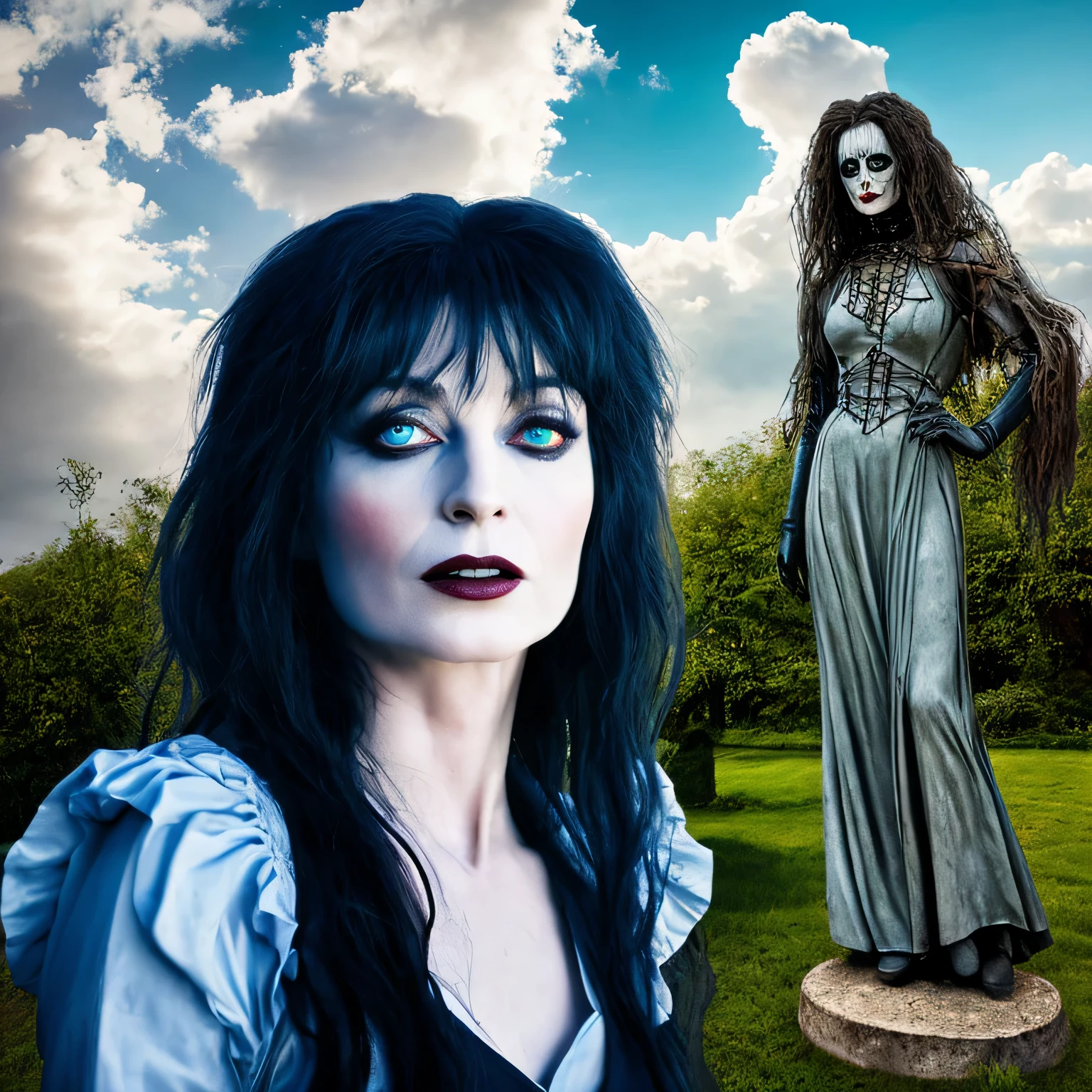 Siouxsie Siouxs as a character from the movie beetlejuice, background of the image consisting of a gothic garden, sculptures of angels, sculptures of demons, green and scary zombies, blue sky, white clouds, sunlight, rainbow, vintage style, full body view, realistic image, realistic face, the best quality, masterpiece, high-resolution, 8k, hyperrealistic image, profissional photo, realistic photo