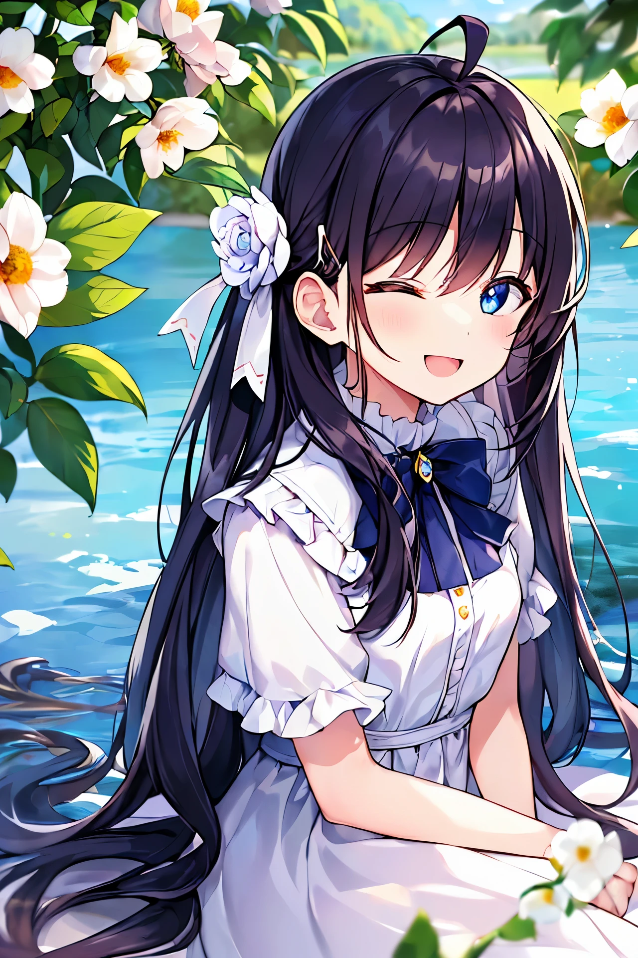 (((masterpiece))), (((Best Quality))), (((high quality))), (((beautiful))), (((8K))), (((highres))), (((absurdres))), (((exquisite))), (((Ultra high definition))), (((High resolution))), (1girl), (Gamine:1.5), (Little Girl:1.4), (Dark blue straight long hair:1.3), (Very long sideburns of dark blue color), (Super long and thick sideburns of dark blue color:1.4), (dark blue bangs with super large splits:1.3), (Simple Hair Clip:1.3), (ahoge:1.4), (Small blue eyes:1.2), (A little sagging eyes:1.3), (Super thick sideburns and super long sideburns:1.1), (Super long and thick sideburns:1.1), (Extra Ultra Flat Chest:1.2), (extremely small breasts:1.2), (white theme:1.4), (cute classic white dress with white frills:1.4), (lots of flowers:1.4), (lots of flowers:1.4), (色とりどりのlots of flowers:1.4), (tilt one's face:1.4) (smiling with open mouth:1.4), (Both eyes are closed:1.4), (sitting by the lake:1.4), (Both eyes are closed:1.4), (Both eyes are closed:1.4), (Both eyes are closed:1.4), (Both eyes are closed:1.5), (sitting by the lake:1.4), (Super beautiful background with lots of flowers blooming:1.4)